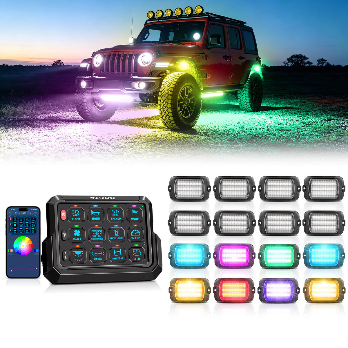 P1s-AC-APP Wireless Switch Panel with App Control, 8/12 Gang Bundle with Q1 Max RGB+IC Rock Lights Chasing Dream Color, 8-24 Pods