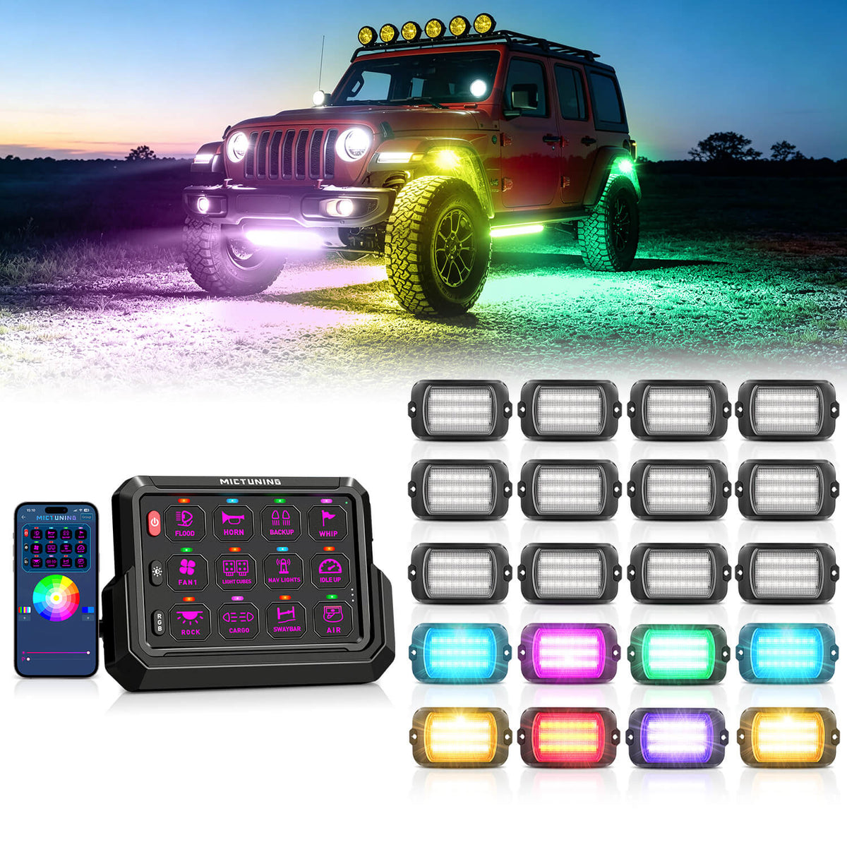 P1s-AC-APP Wireless Switch Panel with App Control, 8/12 Gang Bundle with Q1 Max RGB+IC Rock Lights Chasing Dream Color, 8-24 Pods