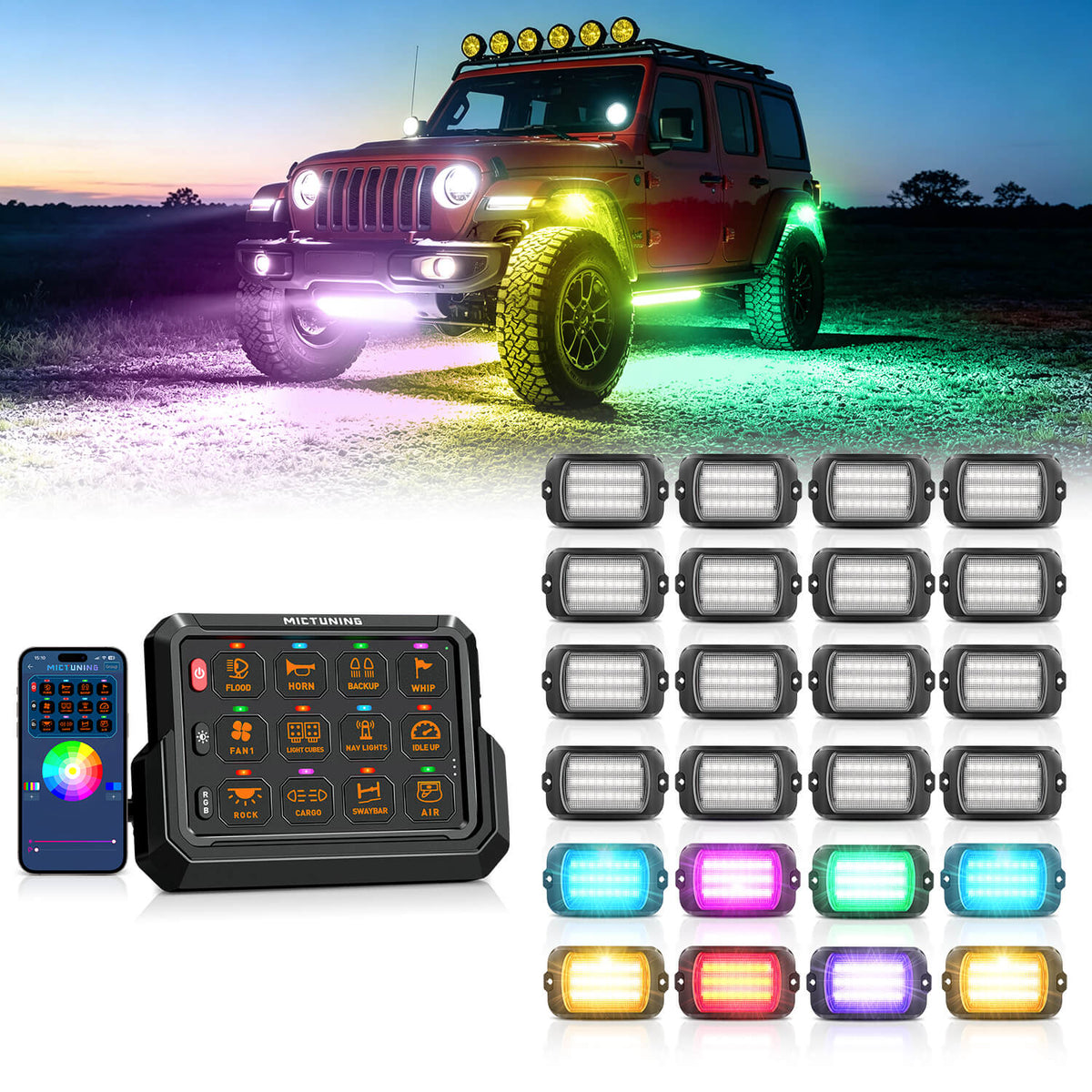 P1s-AC-APP Wireless Switch Panel with App Control, 8/12 Gang Bundle with Q1 Max RGB+IC Rock Lights Chasing Dream Color, 8-24 Pods