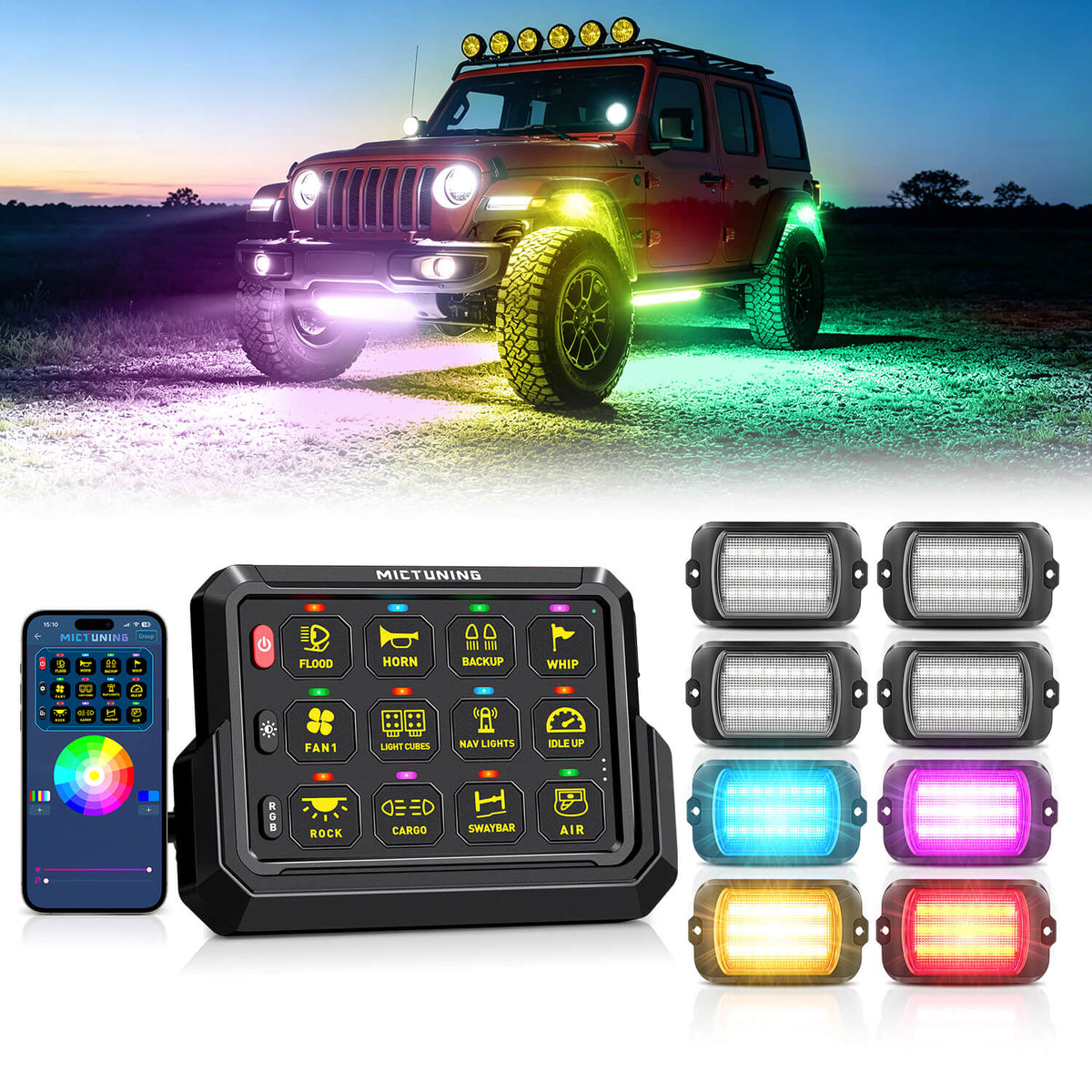 P1s-AC-APP Wireless Switch Panel with App Control, 8/12 Gang Bundle with Q1 Max RGB+IC Rock Lights Chasing Dream Color, 8-24 Pods