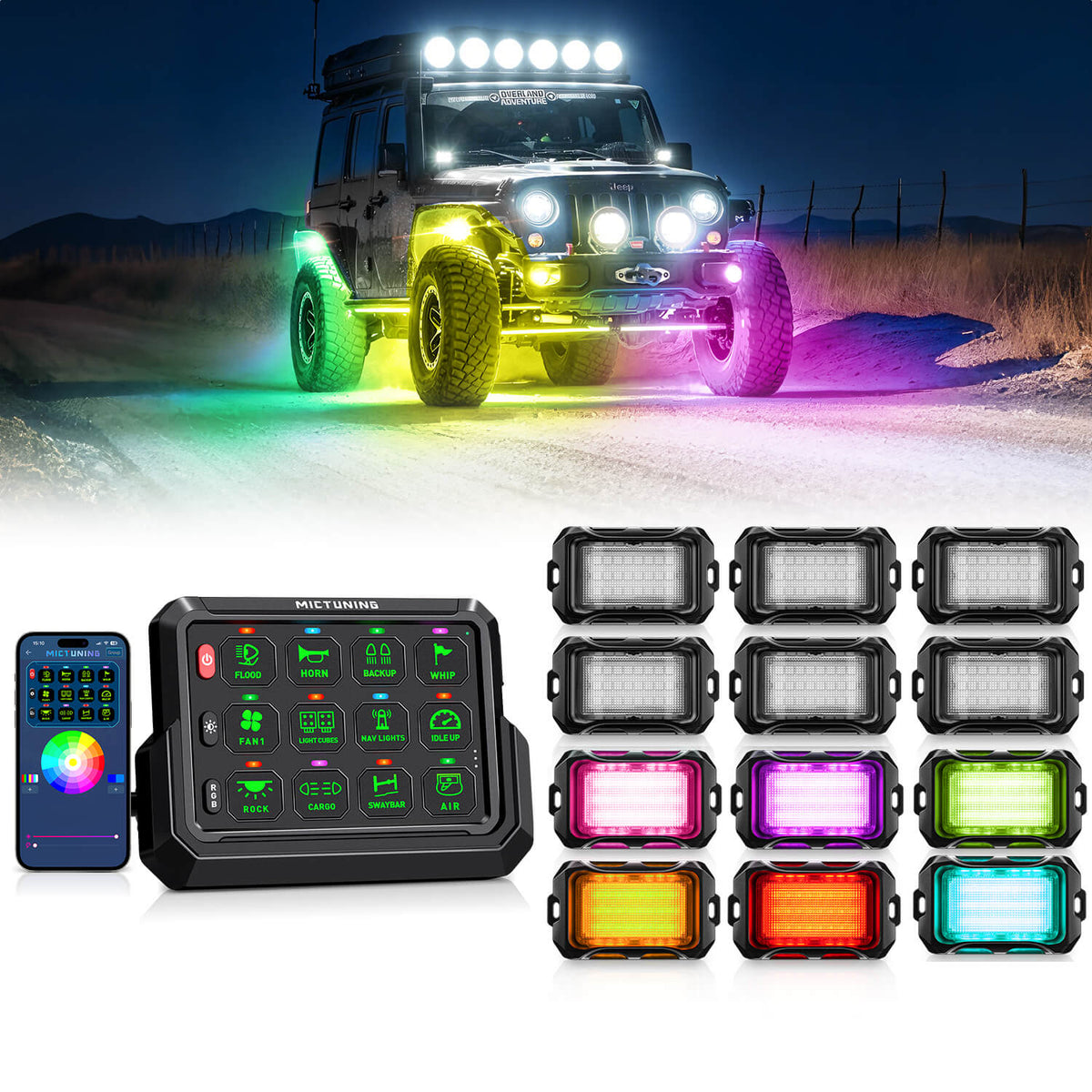 P1s-AC-APP Wireless Switch Panel with App Control, 8/12 Gang Bundle with Q2 MAX RGB+IC Rock Lights Individual Group Control, 8-16 Pods