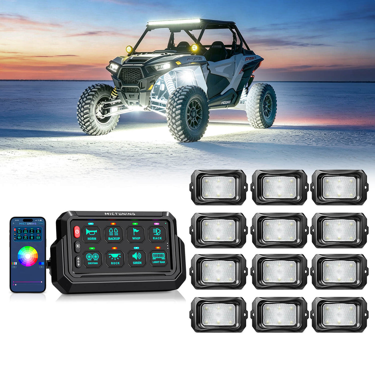 P1s-AC-APP Wireless Switch Panel with App Control, 8/12 Gang Bundle with C2 Curved RGBW LED Rock Lights - 4-16 Pods