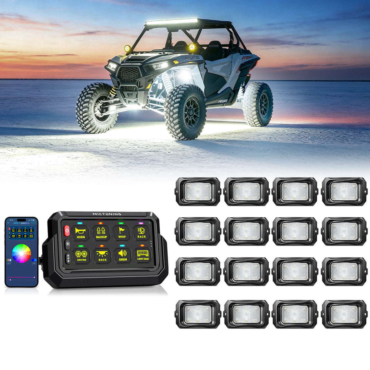 P1s-AC-APP Wireless Switch Panel with App Control, 8/12 Gang Bundle with C2 Curved RGBW LED Rock Lights - 4-16 Pods