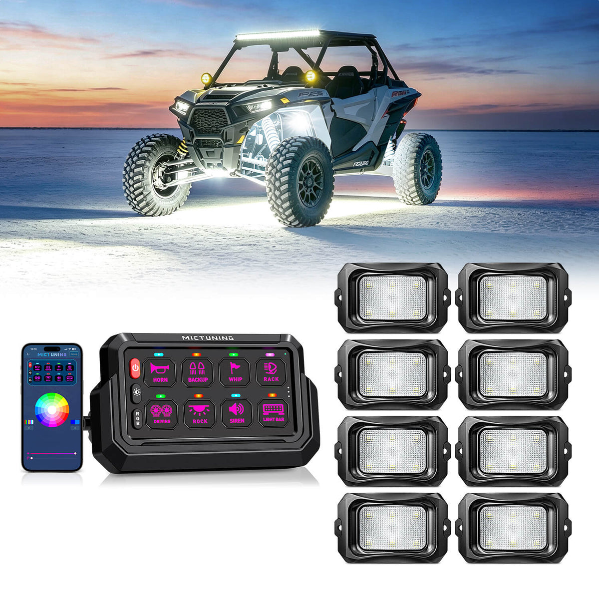 P1s-AC-APP Wireless Switch Panel with App Control, 8/12 Gang Bundle with C2 Curved RGBW LED Rock Lights - 4-16 Pods
