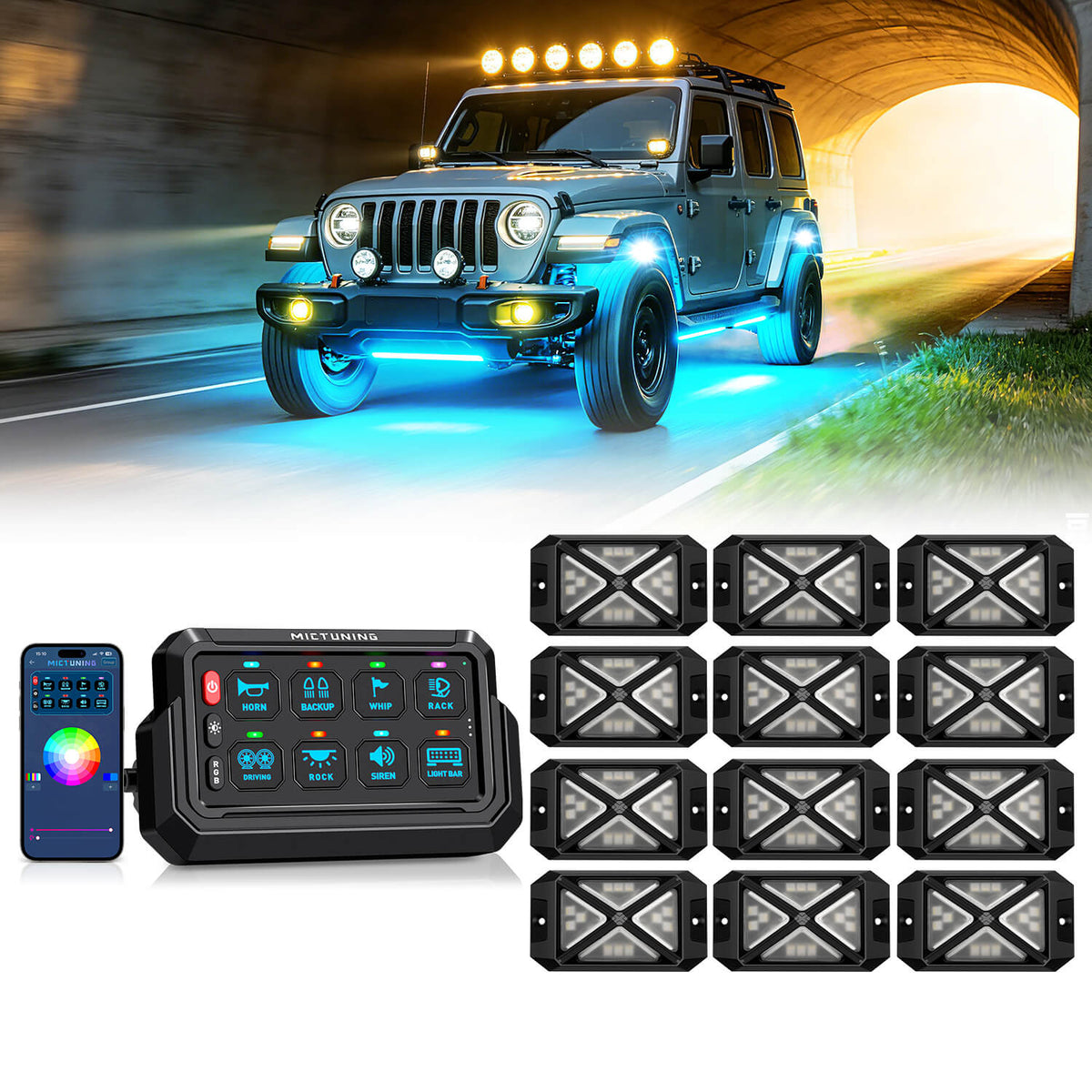 P1s-AC-APP Wireless Switch Panel with App Control, 8/12 Gang Bundle with C4 360° Ultra-bright RGBW Rock Lights, 8-16 Pods