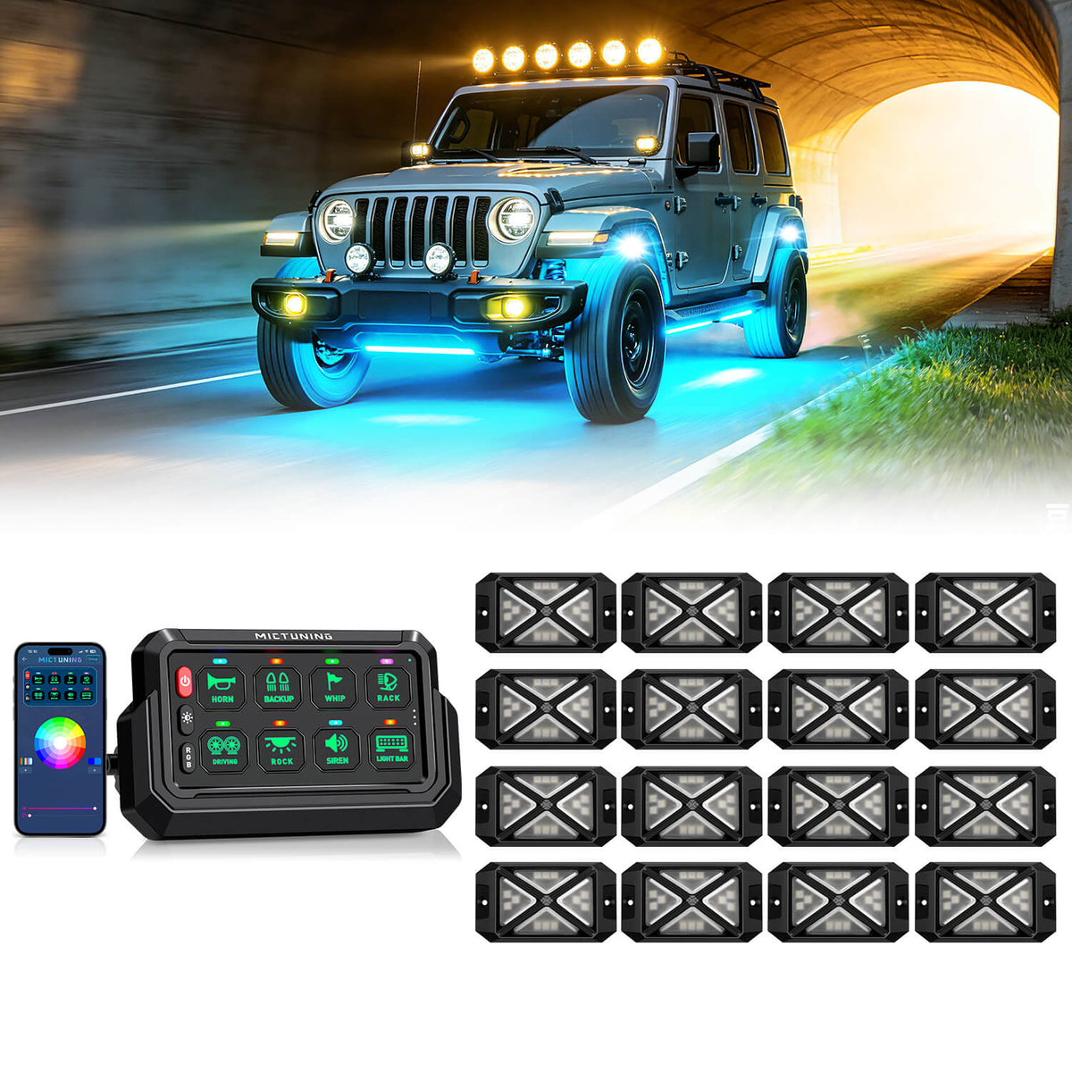 P1s-AC-APP Wireless Switch Panel with App Control, 8/12 Gang Bundle with C4 360° Ultra-bright RGBW Rock Lights, 8-16 Pods