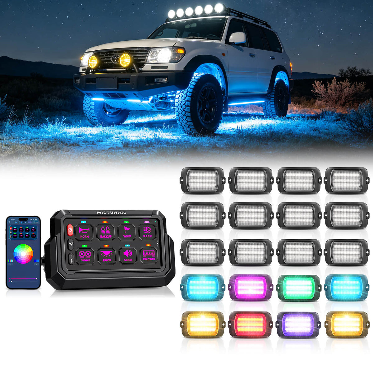 P1s-AC-APP Wireless Switch Panel with App Control, 8/12 Gang Bundle with Q1 Max RGB+IC Rock Lights Chasing Dream Color, 8-24 Pods