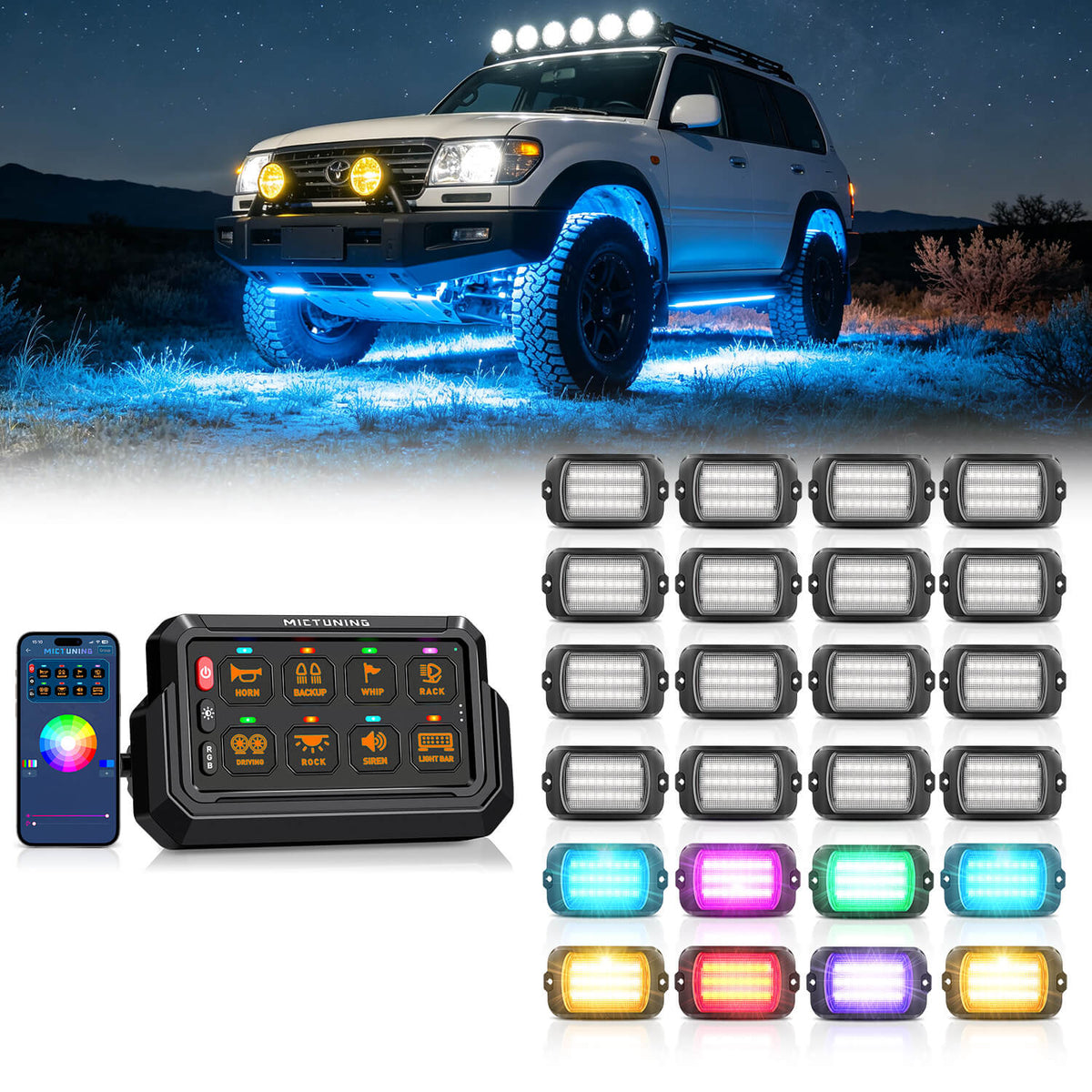 P1s-AC-APP Wireless Switch Panel with App Control, 8/12 Gang Bundle with Q1 Max RGB+IC Rock Lights Chasing Dream Color, 8-24 Pods