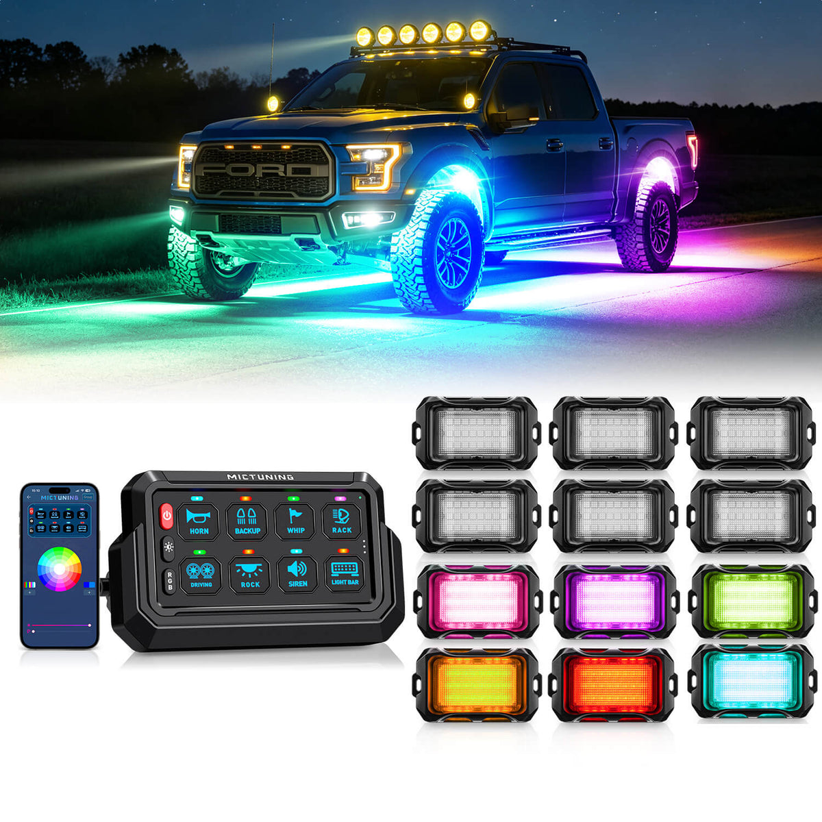 P1s-AC-APP Wireless Switch Panel with App Control, 8/12 Gang Bundle with Q2 MAX RGB+IC Rock Lights Individual Group Control, 8-16 Pods