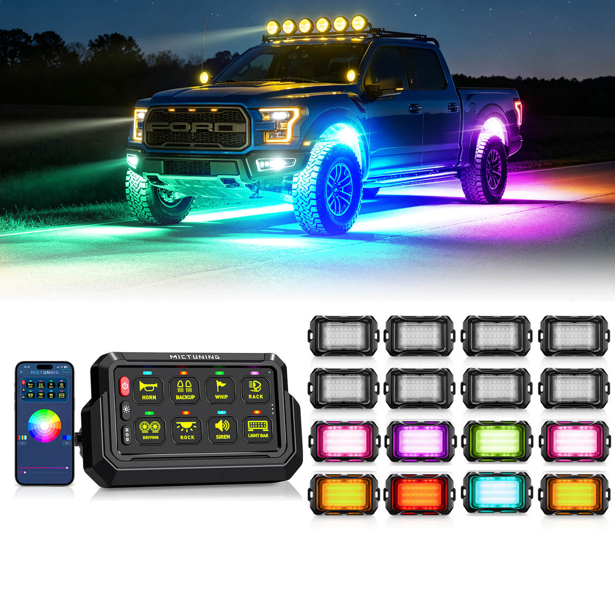 P1s-AC-APP Wireless Switch Panel with App Control, 8/12 Gang Bundle with Q2 MAX RGB+IC Rock Lights Individual Group Control, 8-16 Pods