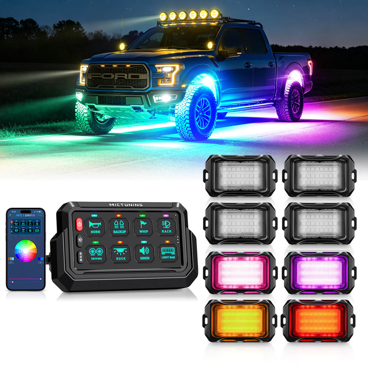 P1s-AC-APP Wireless Switch Panel with App Control, 8/12 Gang Bundle with Q2 MAX RGB+IC Rock Lights Individual Group Control, 8-16 Pods