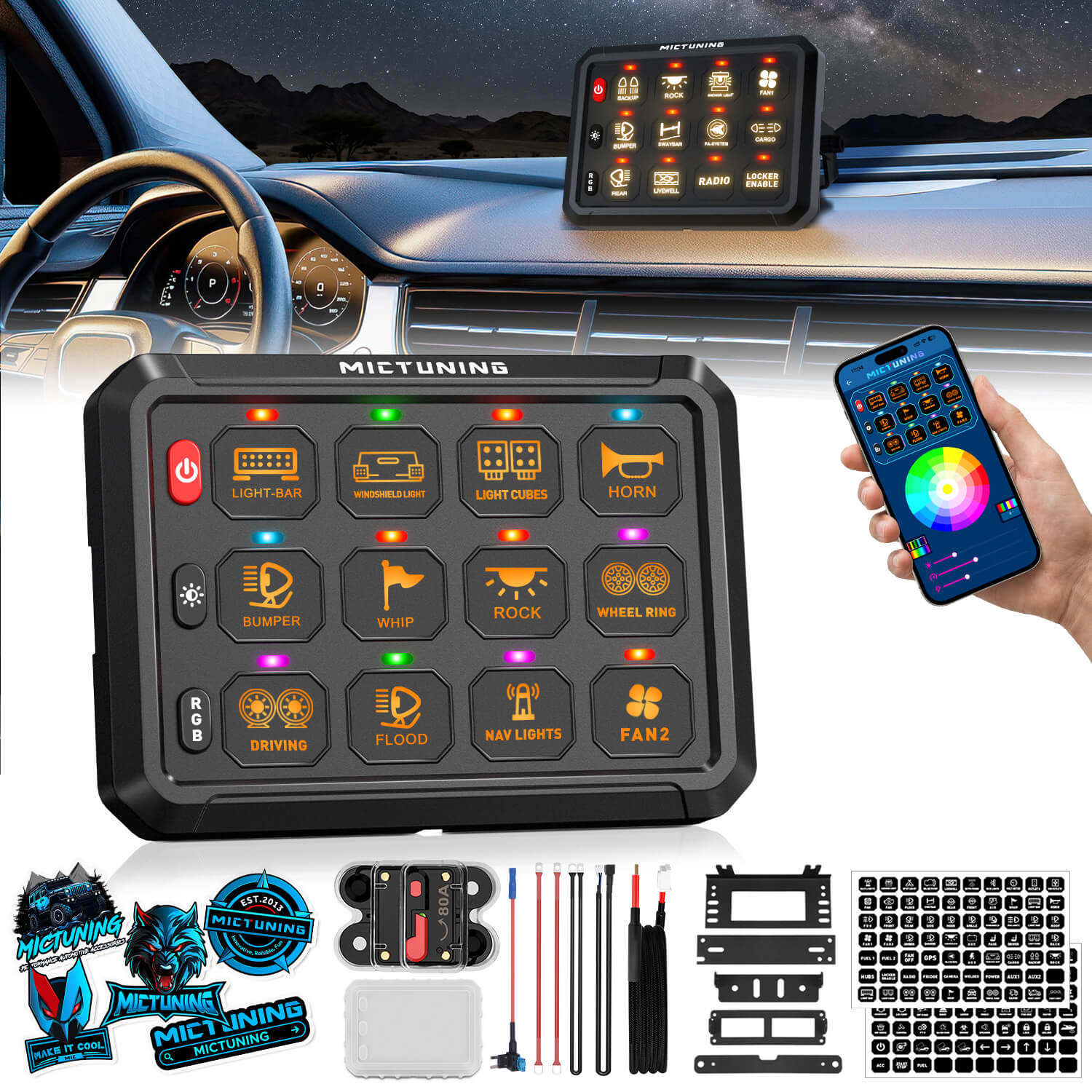 P1s-APP Bluetooth 8/12 Gang 5" RGB Switch Panel, High Power 5-Level Brightness, Multifunction Touch Toggle Switch