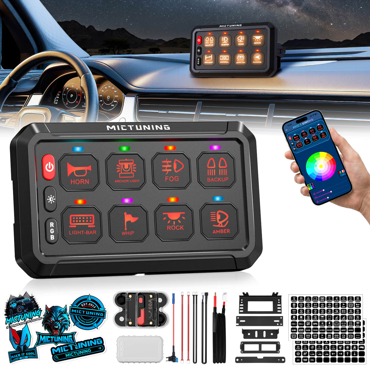 P1s-APP Bluetooth 8/12 Gang 5" RGB Switch Panel, High Power 5-Level Brightness, Multifunction Touch Toggle Switch
