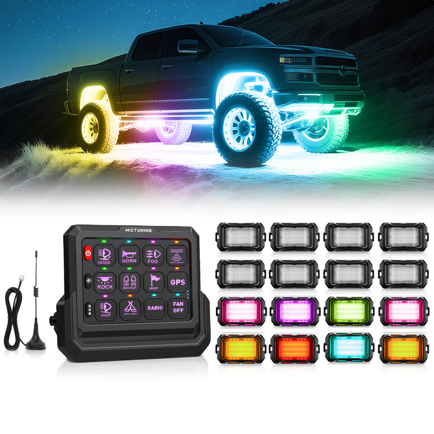 P1s-W Wireless Switch Panel Support Multi-panel Control, Up to 328FT Range, 8/12 Gang Bundle with Q2 MAX RGB+IC Rock Lights Individual Group Control, 8-16 Pods
