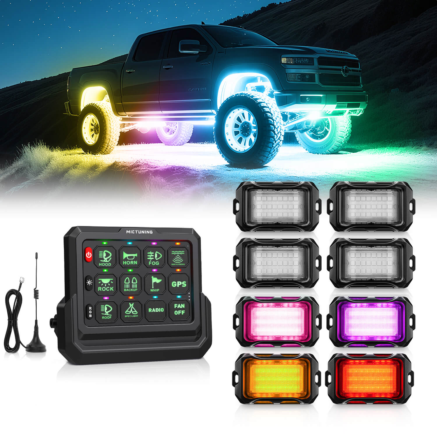 P1s-W Wireless Switch Panel Support Multi-panel Control, Up to 328FT Range, 8/12 Gang Bundle with Q2 MAX RGB+IC Rock Lights Individual Group Control, 8-16 Pods