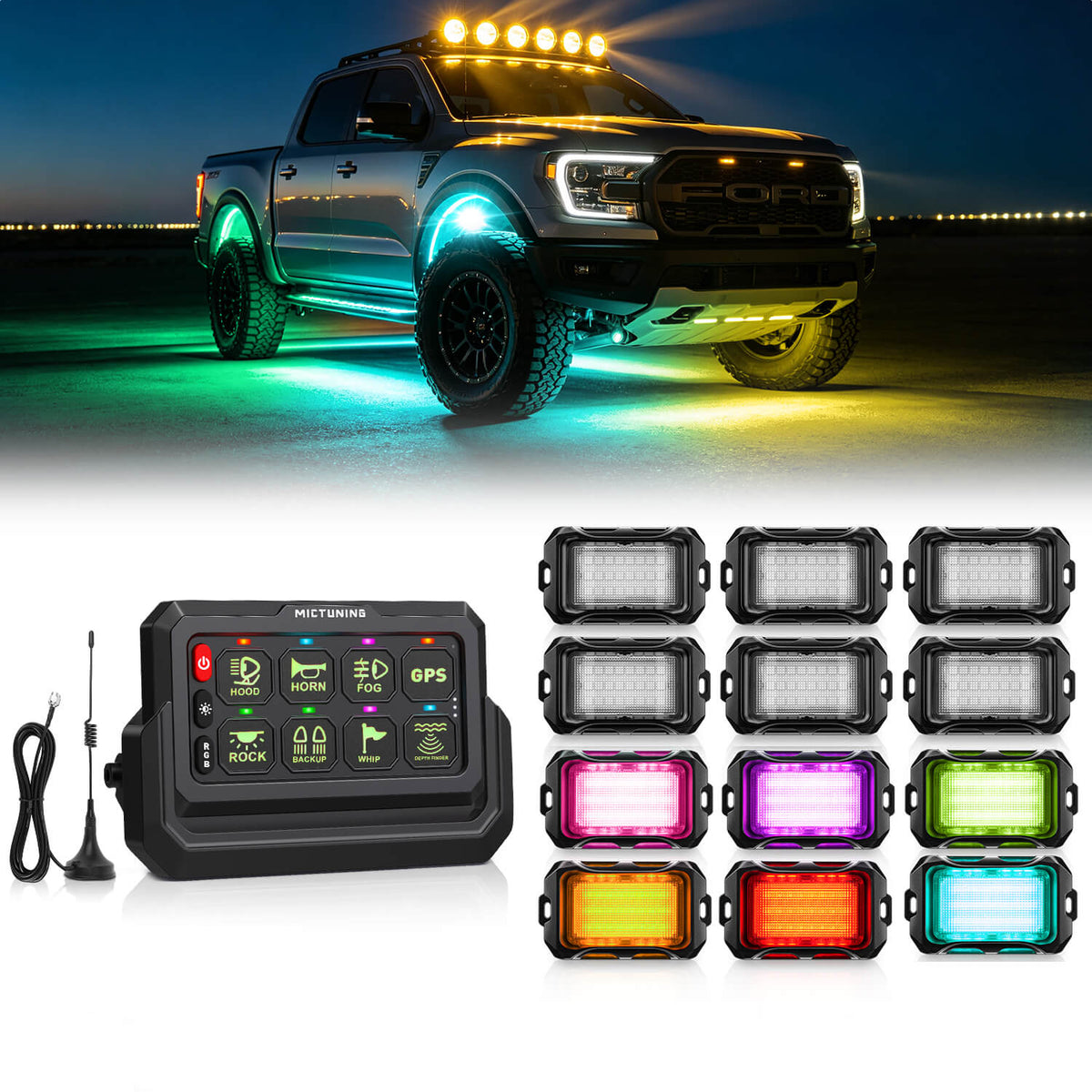 P1s-W Wireless Switch Panel Support Multi-panel Control, Up to 328FT Range, 8/12 Gang Bundle with Q2 MAX RGB+IC Rock Lights Individual Group Control, 8-16 Pods