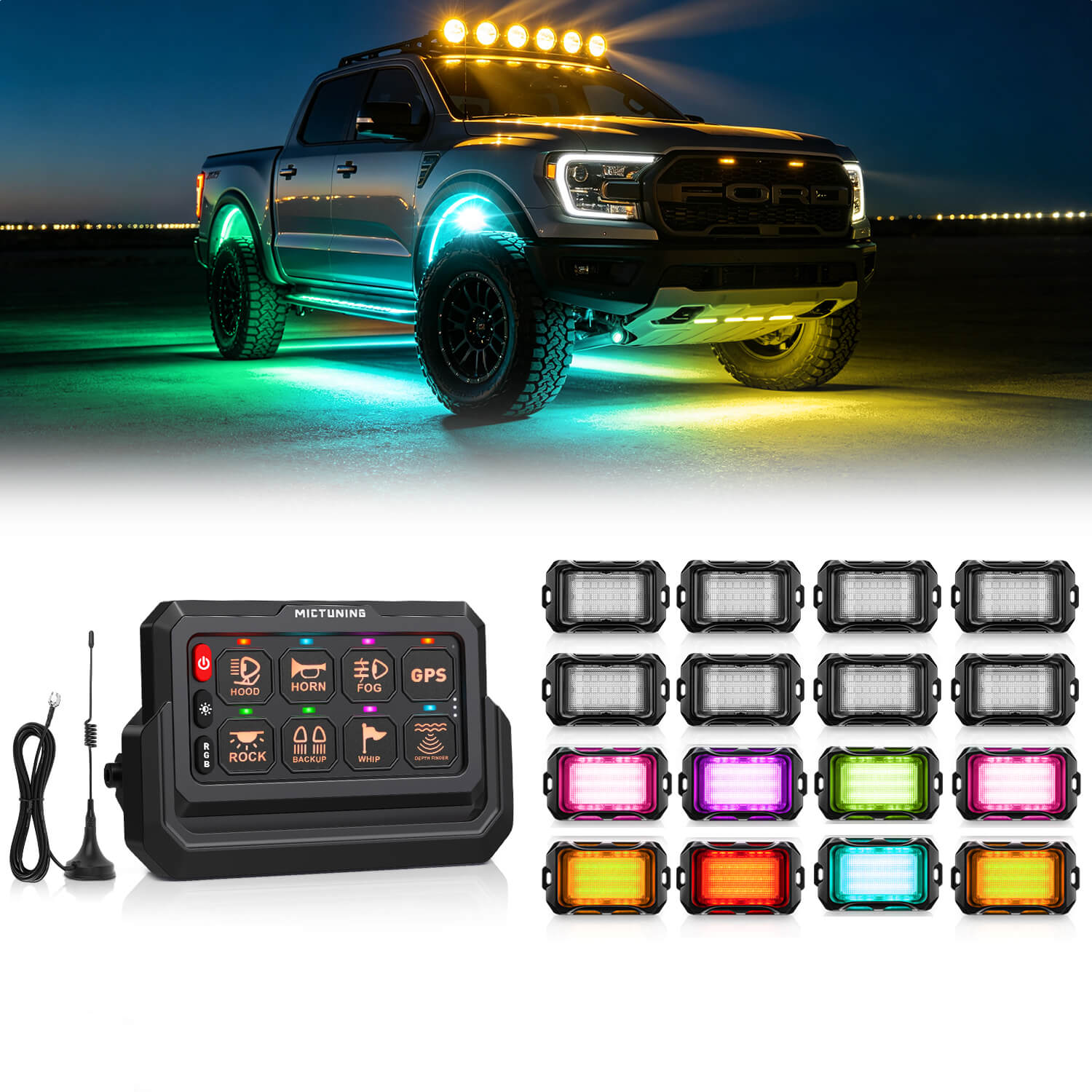 P1s-W Wireless Switch Panel Support Multi-panel Control, Up to 328FT Range, 8/12 Gang Bundle with Q2 MAX RGB+IC Rock Lights Individual Group Control, 8-16 Pods