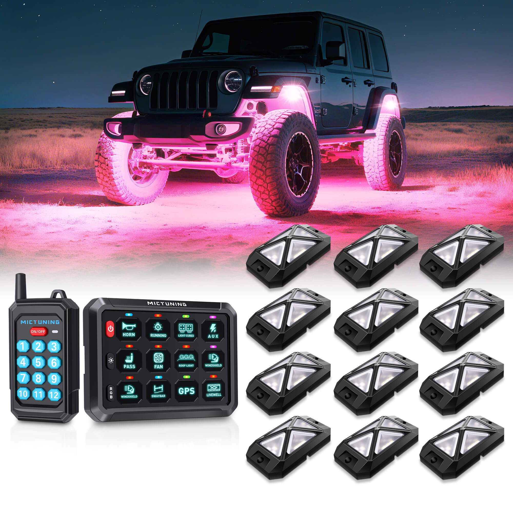 C4 4-Sided RGBW LED Rock Lights 8-16 Pods Bundle with P1s RGB Switch Panel with Remote Control Range Up to 230FT, 6/8/12 Gang