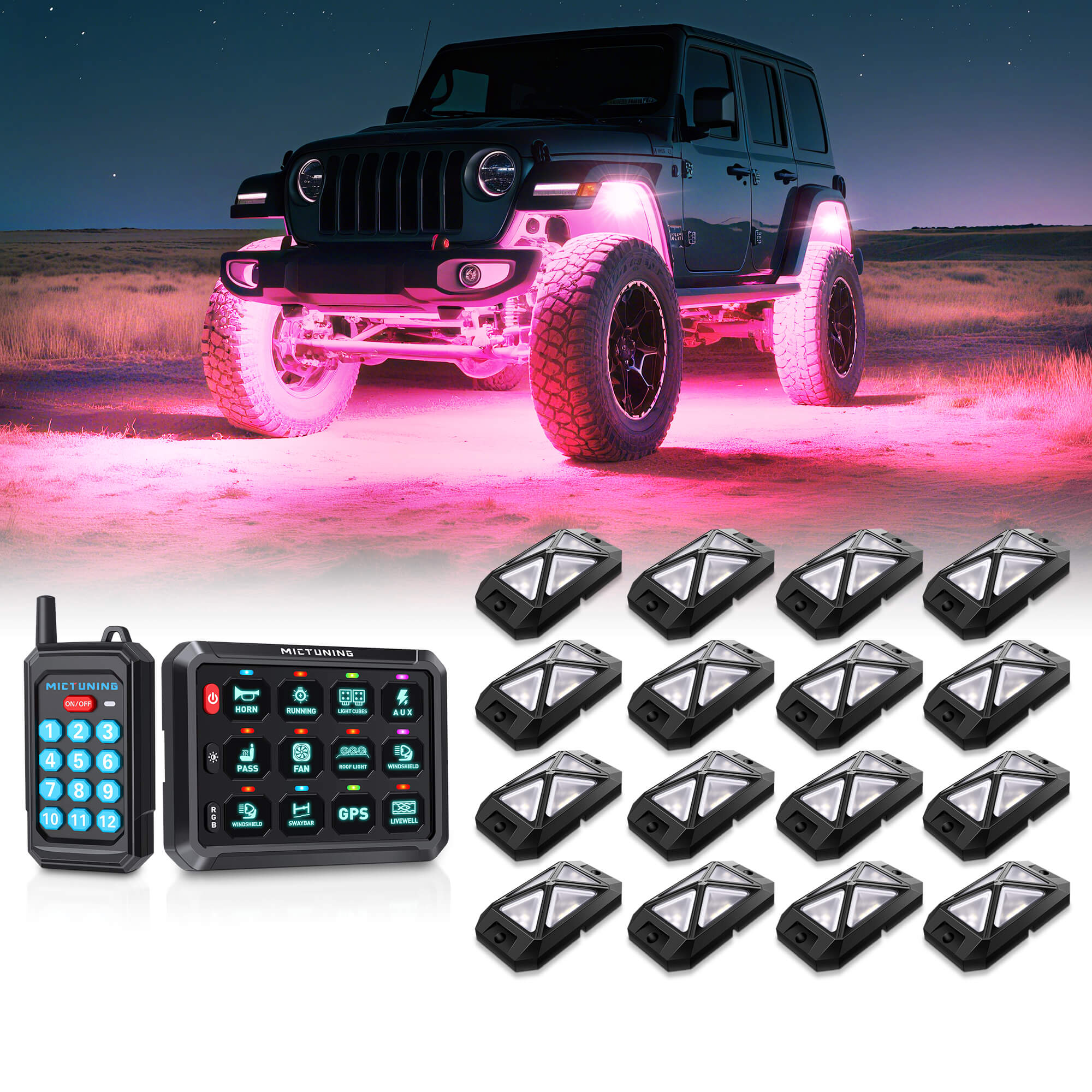 C4 4-Sided RGBW LED Rock Lights 8-16 Pods Bundle with P1s RGB Switch Panel with Remote Control Range Up to 230FT, 6/8/12 Gang