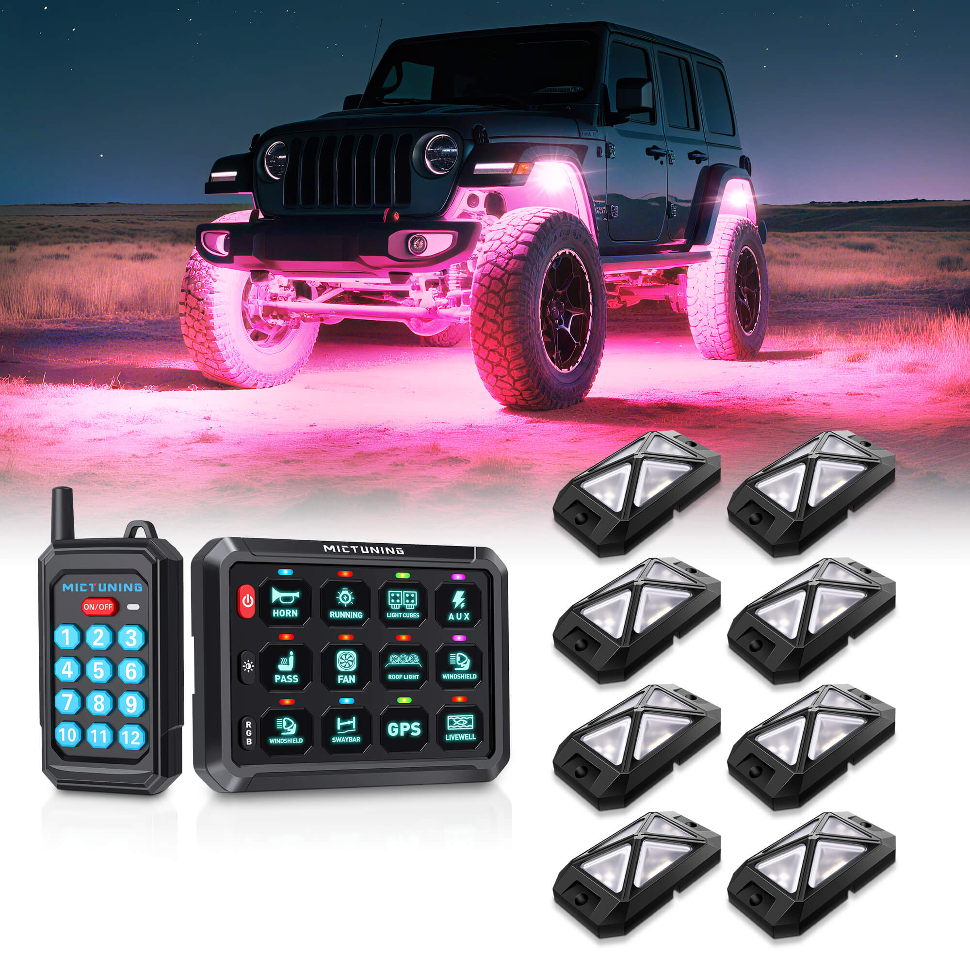 C4 4-Sided RGBW LED Rock Lights 8-16 Pods Bundle with P1s RGB Switch Panel with Remote Control Range Up to 230FT, 6/8/12 Gang