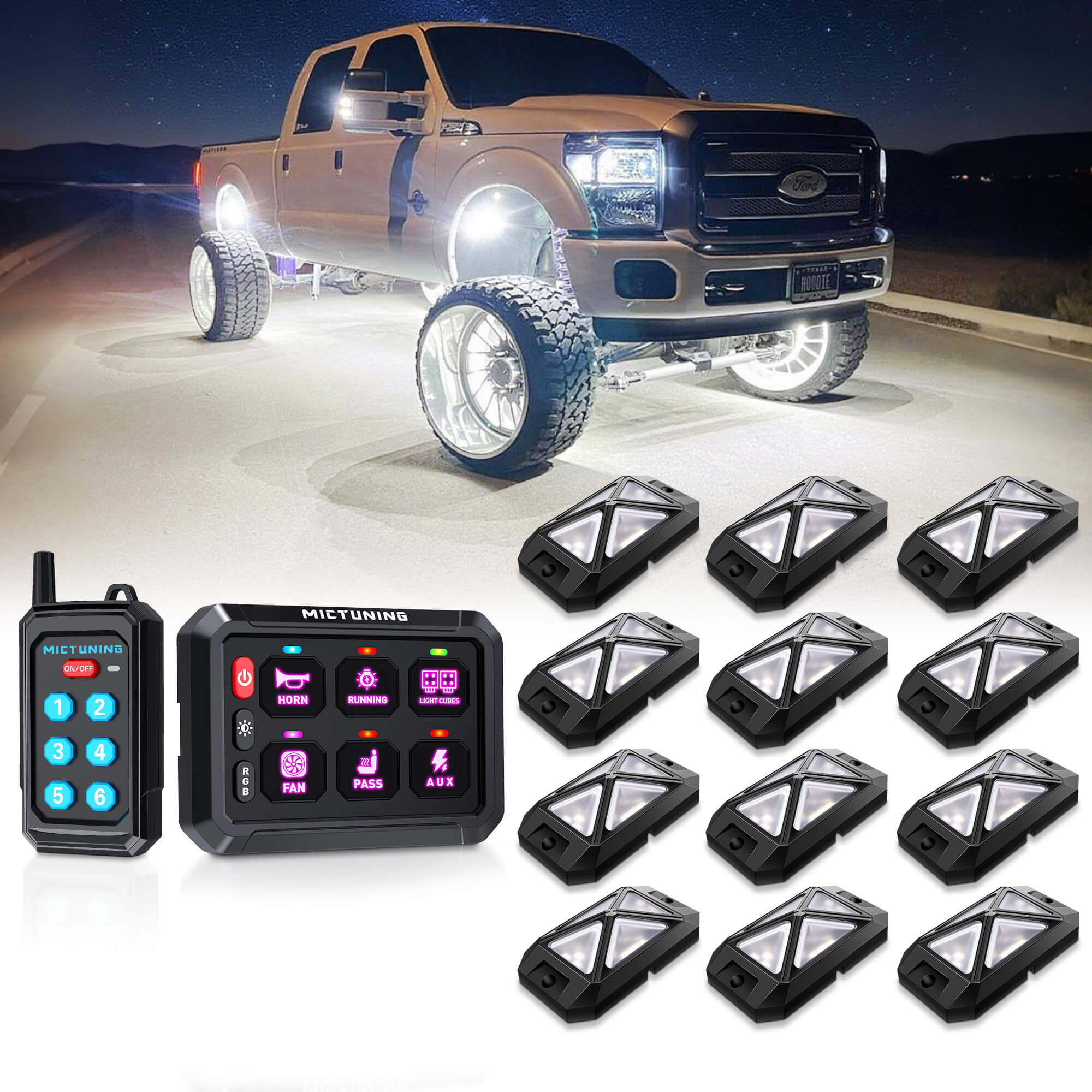 C4 4-Sided RGBW LED Rock Lights 8-16 Pods Bundle with P1s RGB Switch Panel with Remote Control Range Up to 230FT, 6/8/12 Gang