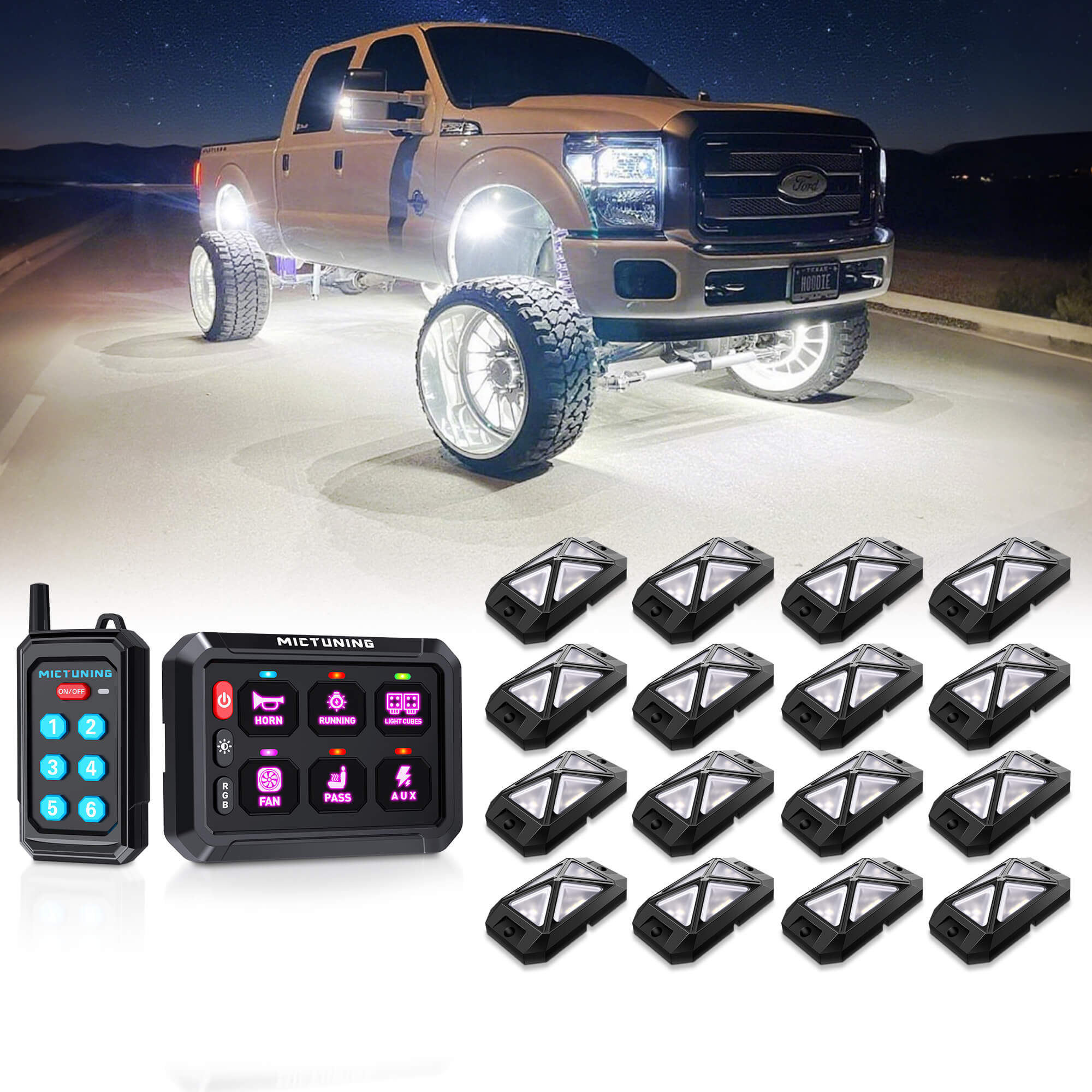C4 4-Sided RGBW LED Rock Lights 8-16 Pods Bundle with P1s RGB Switch Panel with Remote Control Range Up to 230FT, 6/8/12 Gang