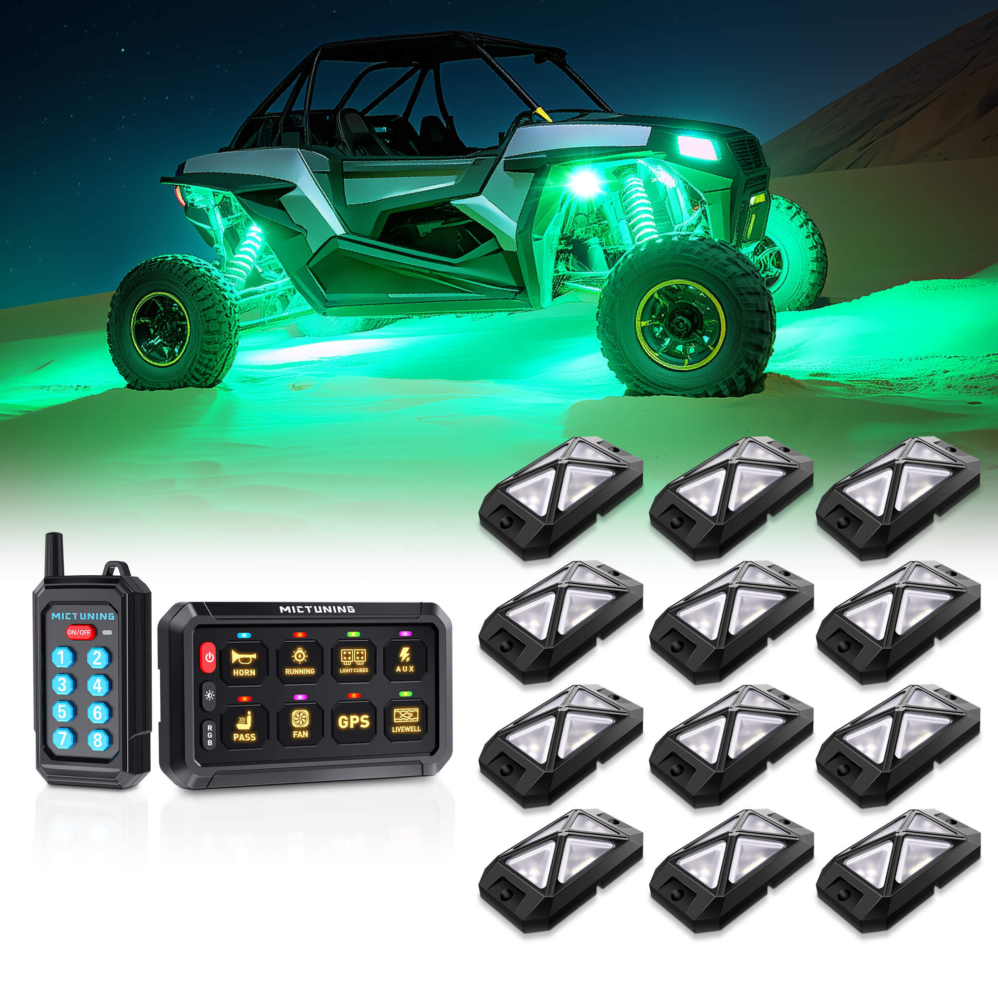 C4 4-Sided RGBW LED Rock Lights 8-16 Pods Bundle with P1s RGB Switch Panel with Remote Control Range Up to 230FT, 6/8/12 Gang