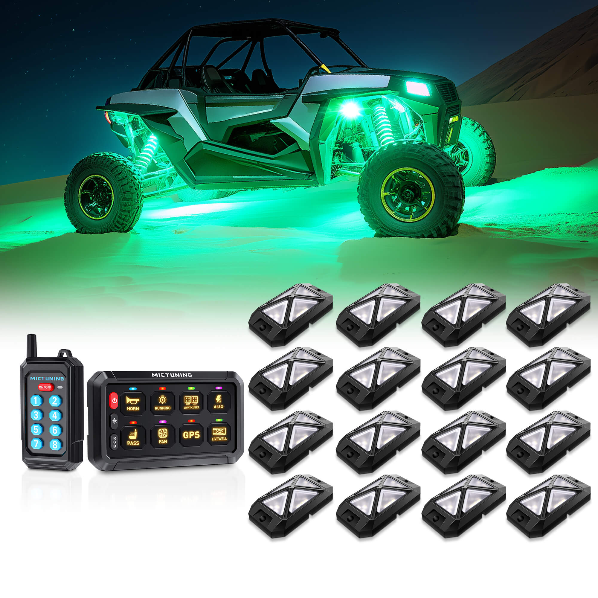 C4 4-Sided RGBW LED Rock Lights 8-16 Pods Bundle with P1s RGB Switch Panel with Remote Control Range Up to 230FT, 6/8/12 Gang
