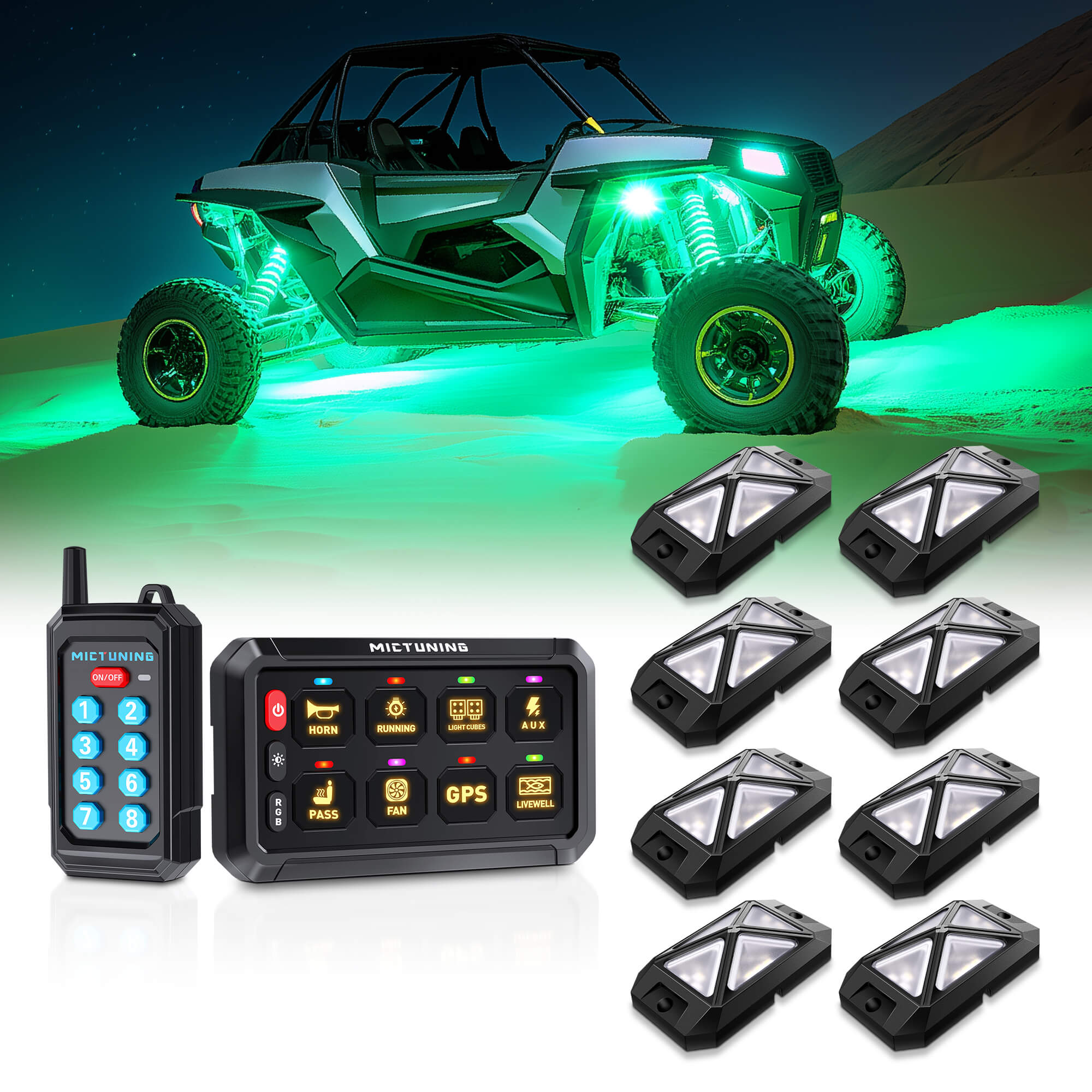 C4 4-Sided RGBW LED Rock Lights 8-16 Pods Bundle with P1s RGB Switch Panel with Remote Control Range Up to 230FT, 6/8/12 Gang