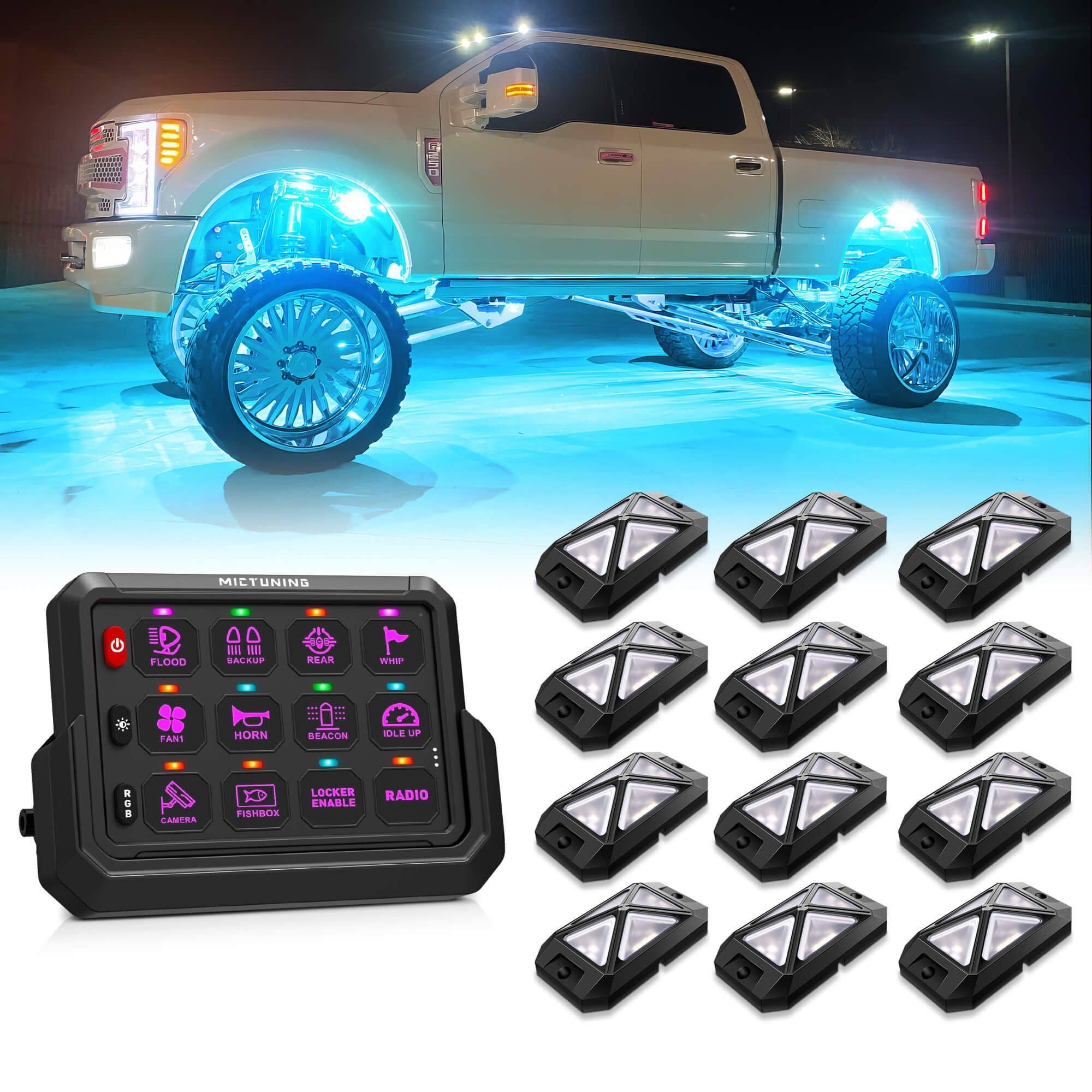 C4 4-Sided RGBW LED Rock Lights 8-16 Pods Bundle with P1s-AC Wireless RGB Switch Panel 8/12 Gang