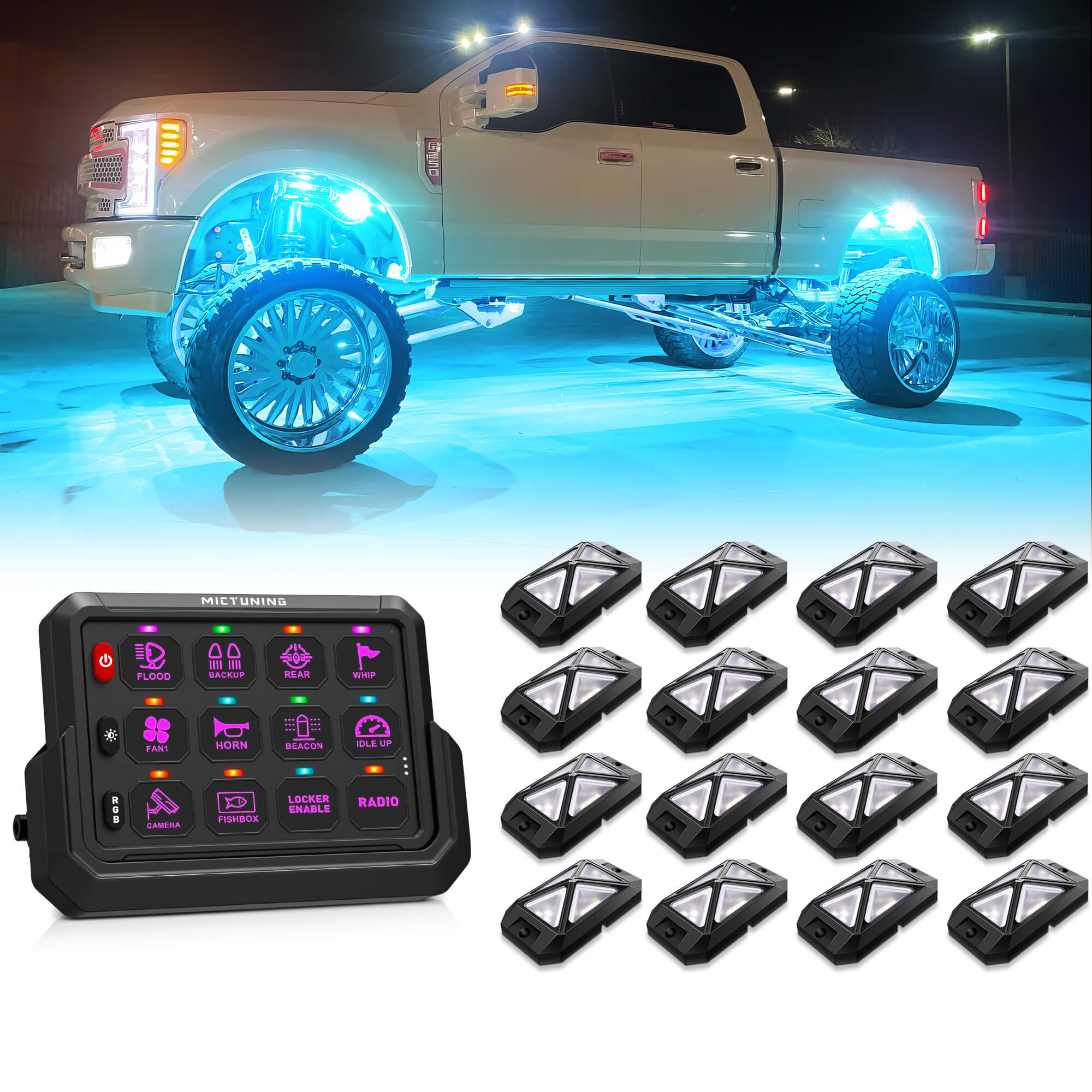 C4 4-Sided RGBW LED Rock Lights 8-16 Pods Bundle with P1s-AC Wireless RGB Switch Panel 8/12 Gang
