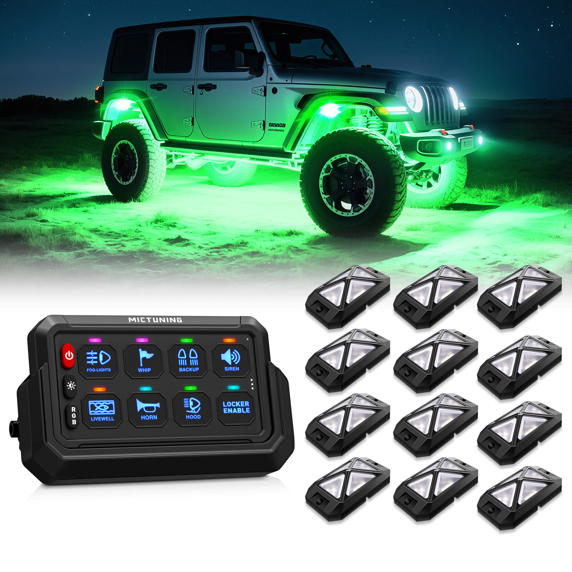 C4 4-Sided RGBW LED Rock Lights 8-16 Pods Bundle with P1s-AC Wireless RGB Switch Panel 8/12 Gang