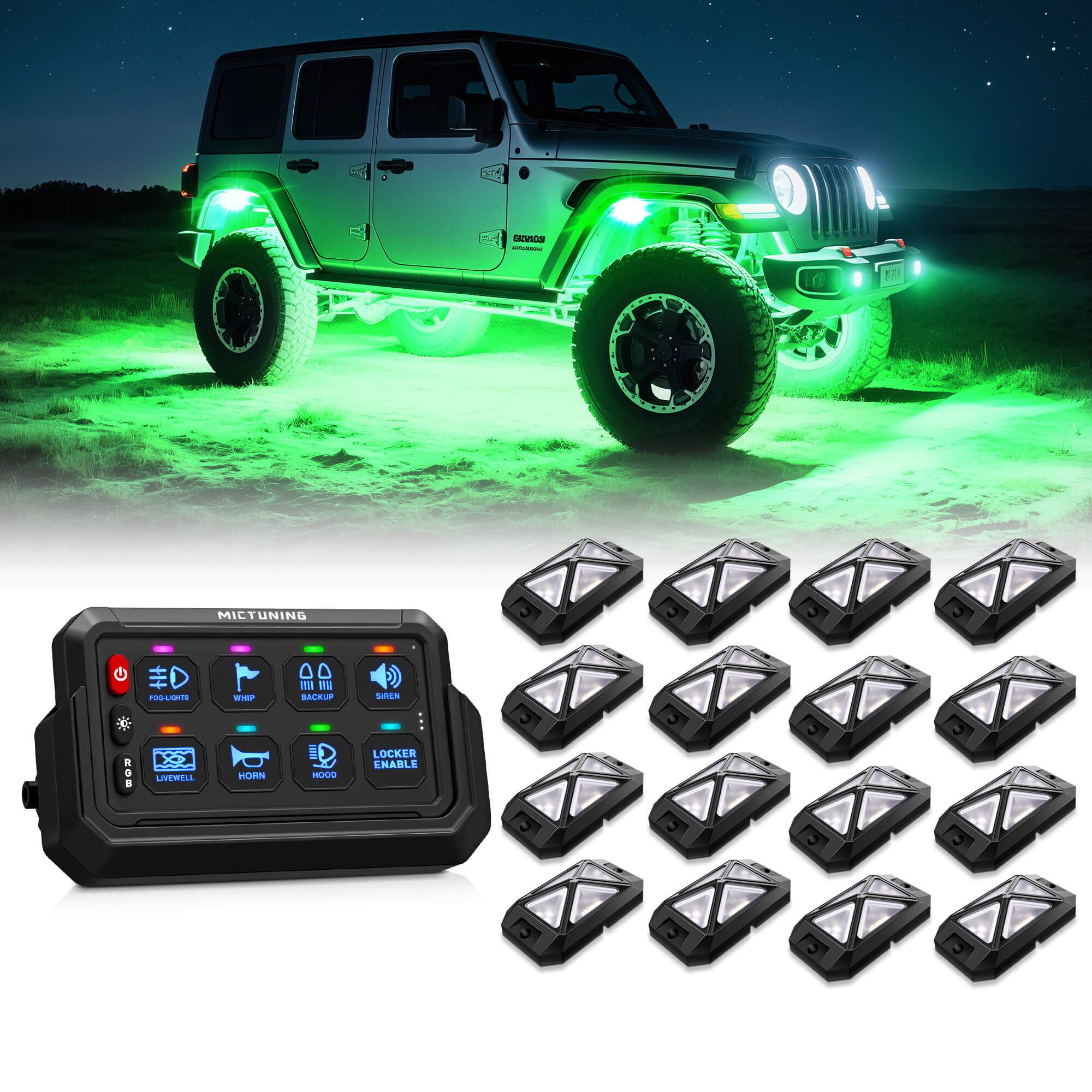 C4 4-Sided RGBW LED Rock Lights 8-16 Pods Bundle with P1s-AC Wireless RGB Switch Panel 8/12 Gang