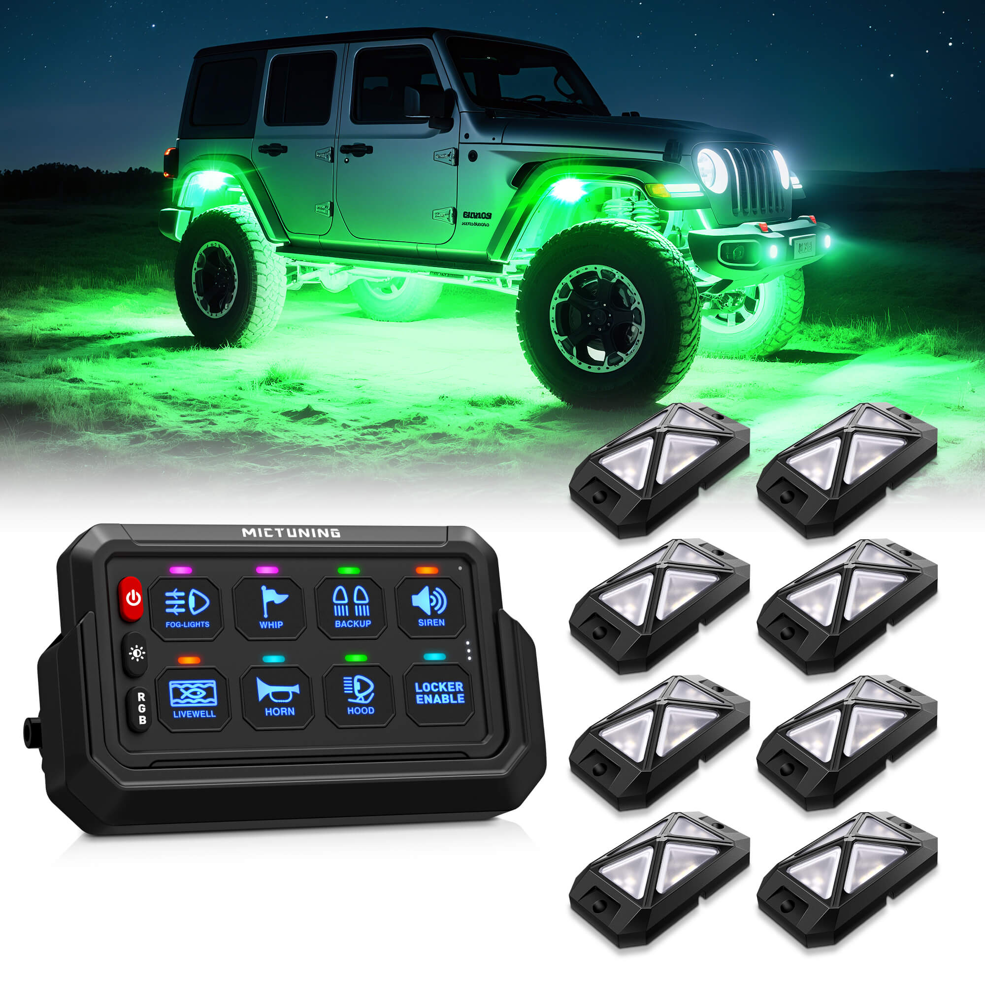 C4 4-Sided RGBW LED Rock Lights 8-16 Pods Bundle with P1s-AC Wireless RGB Switch Panel 8/12 Gang