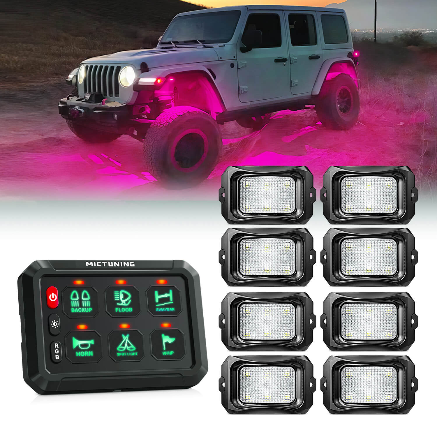 MICTUNING P1s RGB Switch Panel with C2 RGBW LED Rock Lights