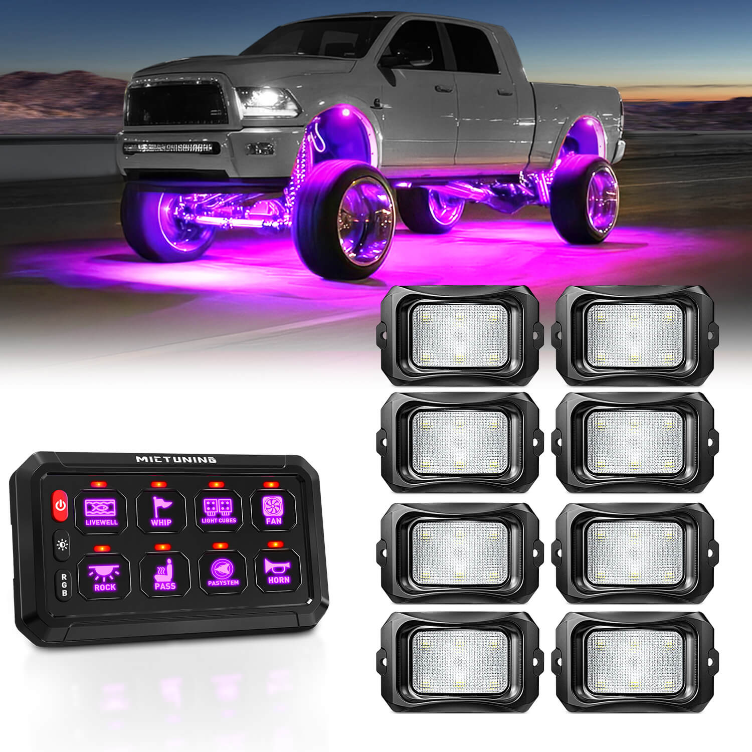 MICTUNING P1s RGB Switch Panel with C2 RGBW LED Rock Lights
