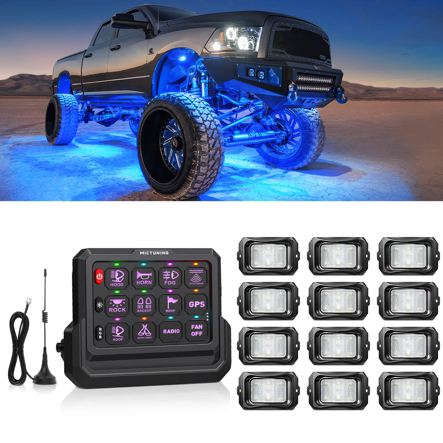 MICTUNING C2 RGBW LED Rock Lights Kit + P1s-W Wireless RGB Switch