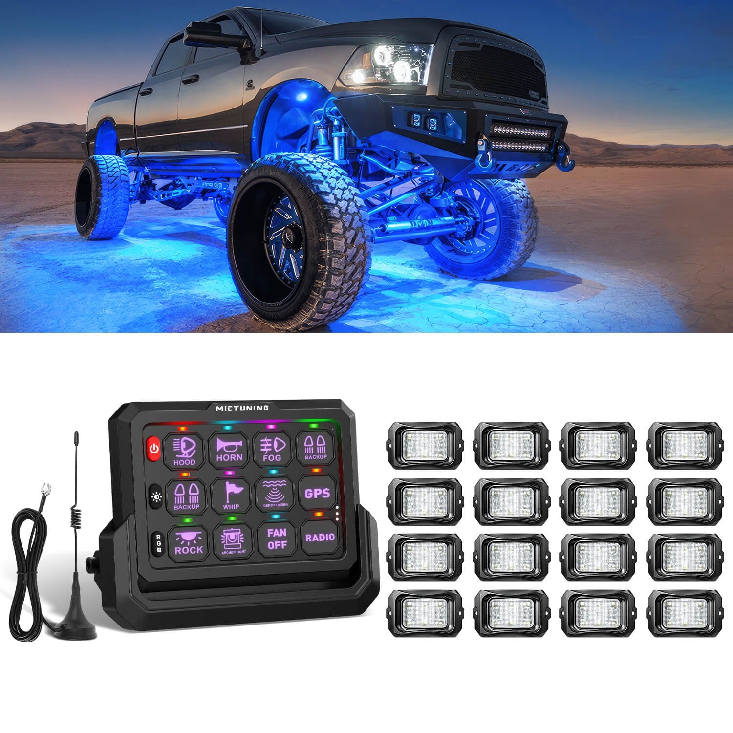 MICTUNING C2 RGBW LED Rock Lights Kit + P1s-W Wireless RGB Switch