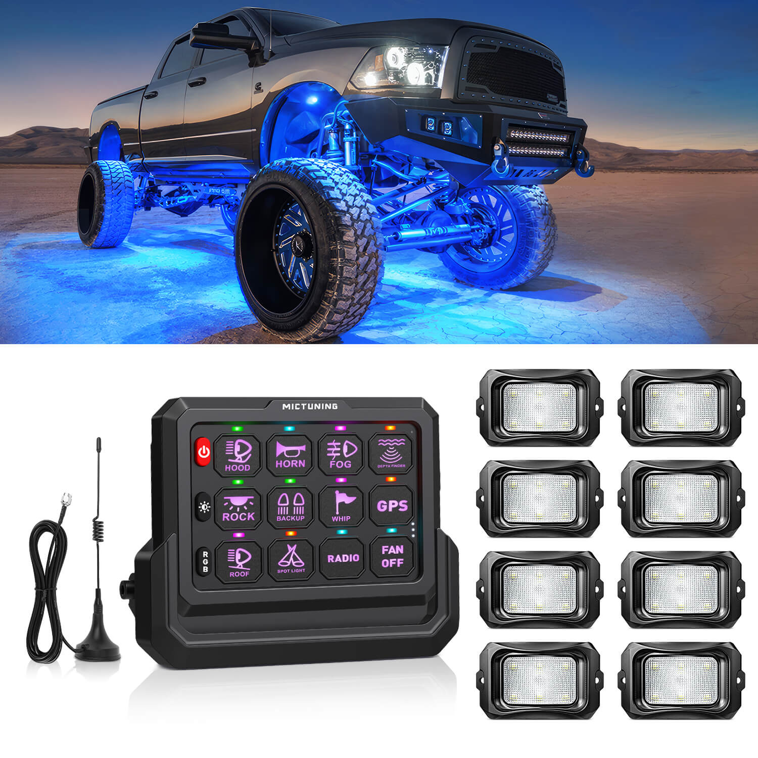 C2 RGBW LED Rock Lights Kit 8-16 Pods Bundle with P1s-W Wireless RGB Switch Panel 8/12 Gang, Up to 328FT Range