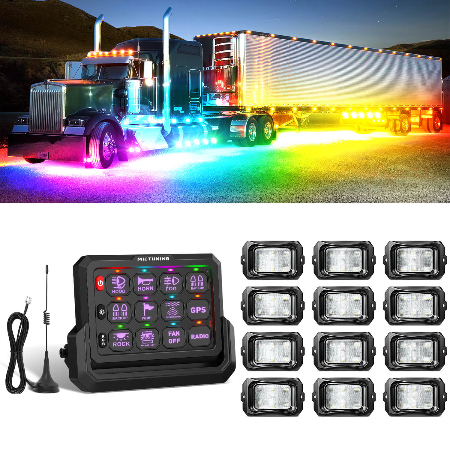 C2 Max RGB+IC Chasing Color Rock Lights 8-24 Pods Bundle with P1s-W Wireless RGB Switch Panel 8/12 Gang, Up to 328FT Range