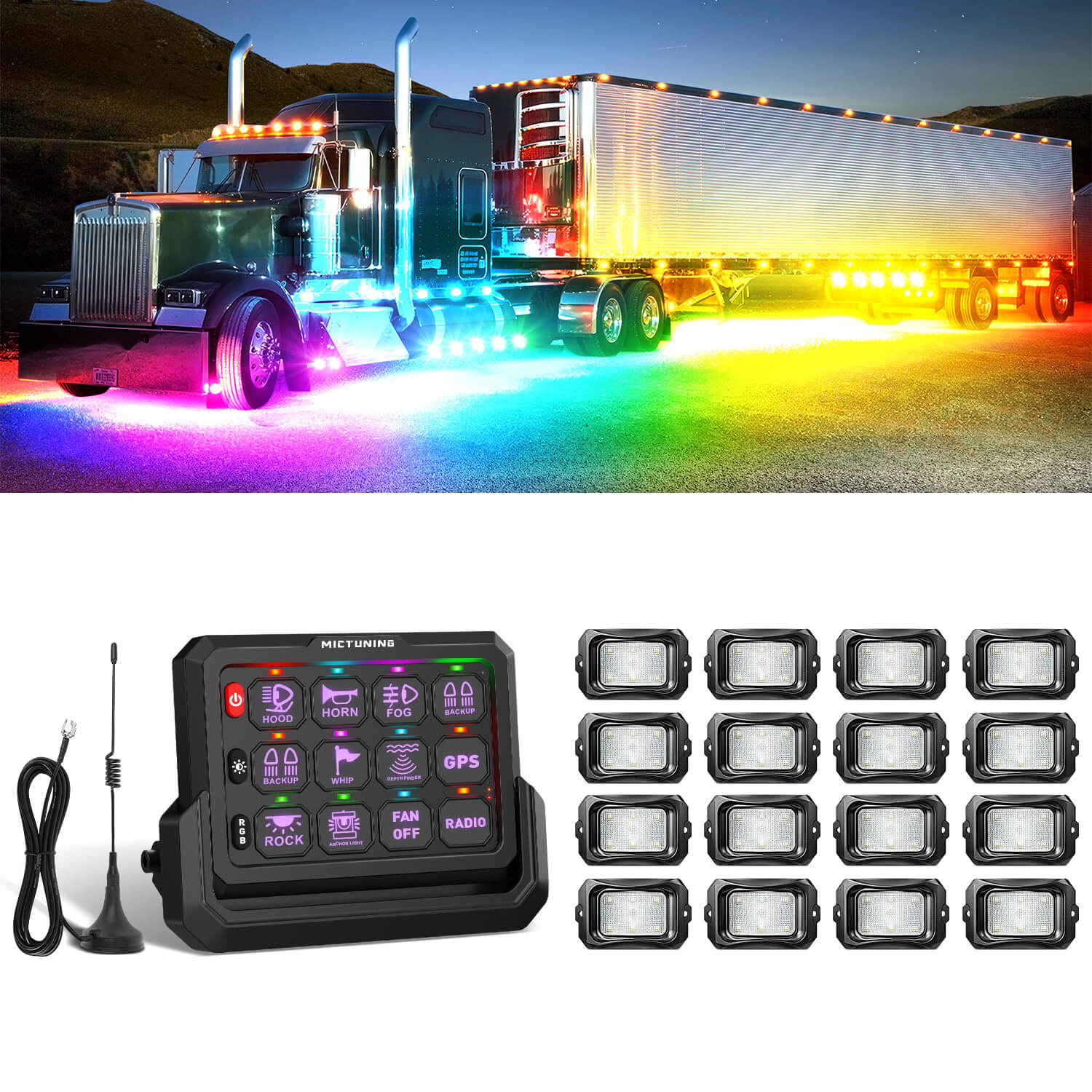 C2 Max RGB+IC Chasing Color Rock Lights 8-24 Pods Bundle with P1s-W Wireless RGB Switch Panel 8/12 Gang, Up to 328FT Range