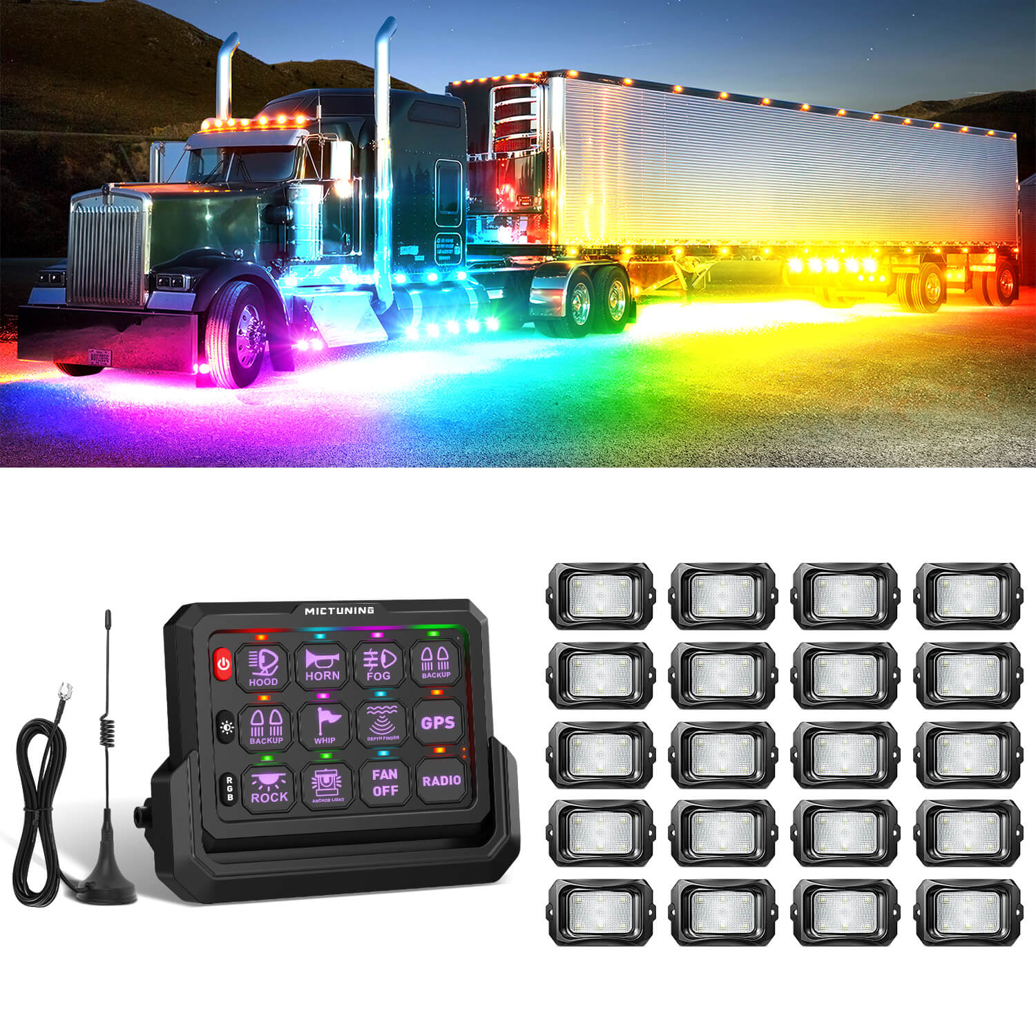 C2 Max RGB+IC Chasing Color Rock Lights 8-24 Pods Bundle with P1s-W Wireless RGB Switch Panel 8/12 Gang, Up to 328FT Range