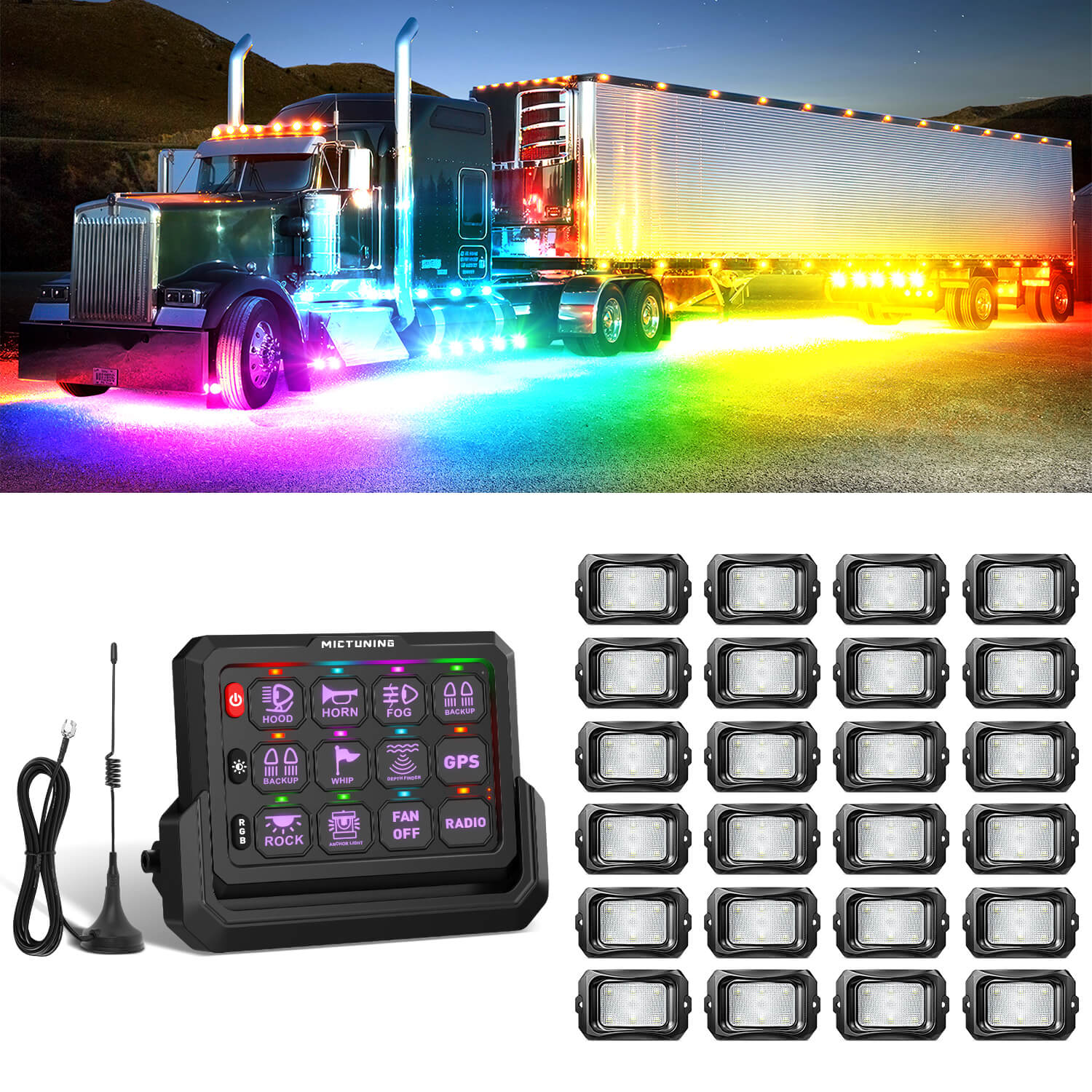 C2 Max RGB+IC Chasing Color Rock Lights 8-24 Pods Bundle with P1s-W Wireless RGB Switch Panel 8/12 Gang, Up to 328FT Range