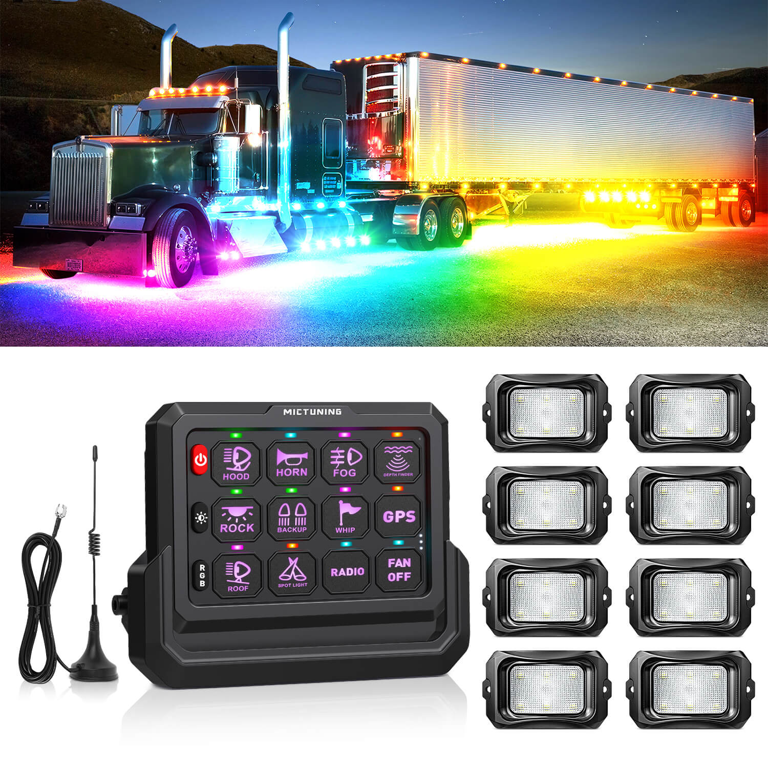 C2 Max RGB+IC Chasing Color Rock Lights 8-24 Pods Bundle with P1s-W Wireless RGB Switch Panel 8/12 Gang, Up to 328FT Range