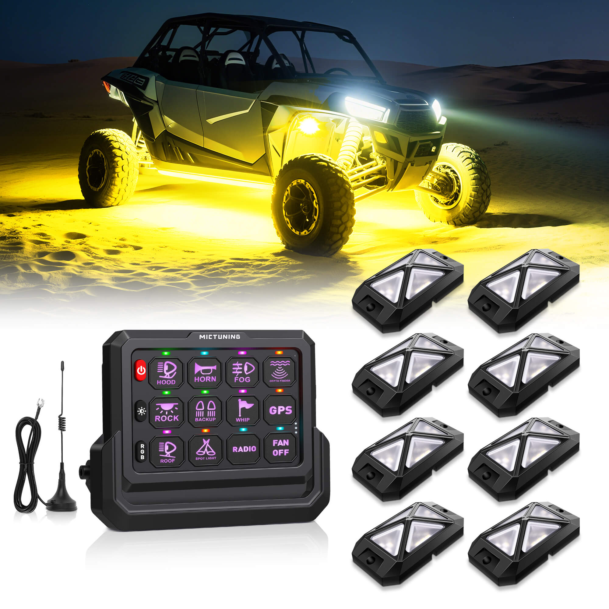 C4 4-Sided Wide Angle RGBW LED Rock Lights 8-16 Pods Bundle with P1s-W Wireless RGB Switch Panel 8/12 Gang, Up to 328FT Range