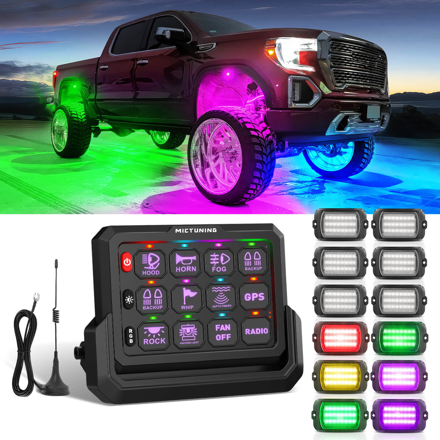 Q1 Max RGB+IC Rock Lights 8-24 Pods Bundle with P1s-W Wireless RGB Switch Panel 8/12 Gang, Up to 328FT Range