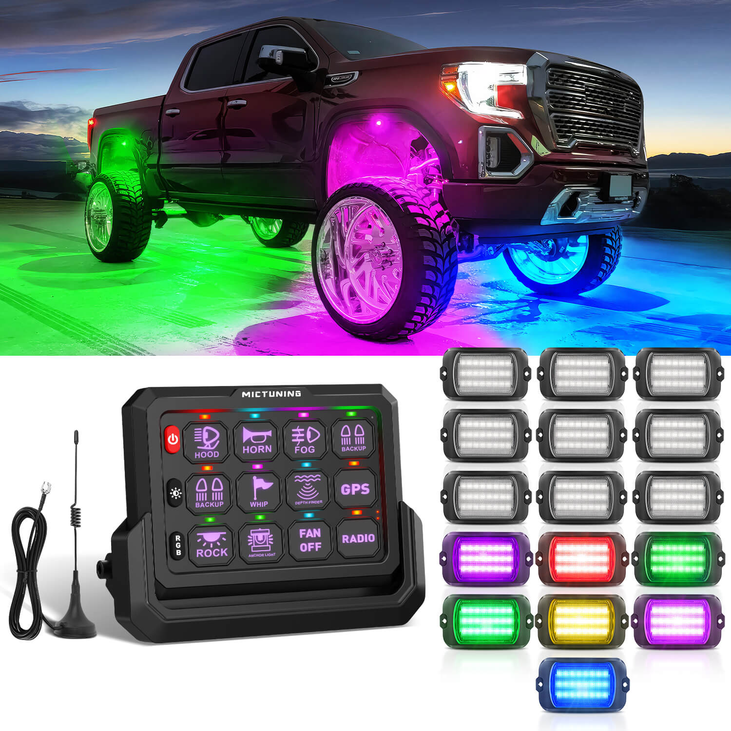 Q1 Max RGB+IC Rock Lights 8-24 Pods Bundle with P1s-W Wireless RGB Switch Panel 8/12 Gang, Up to 328FT Range