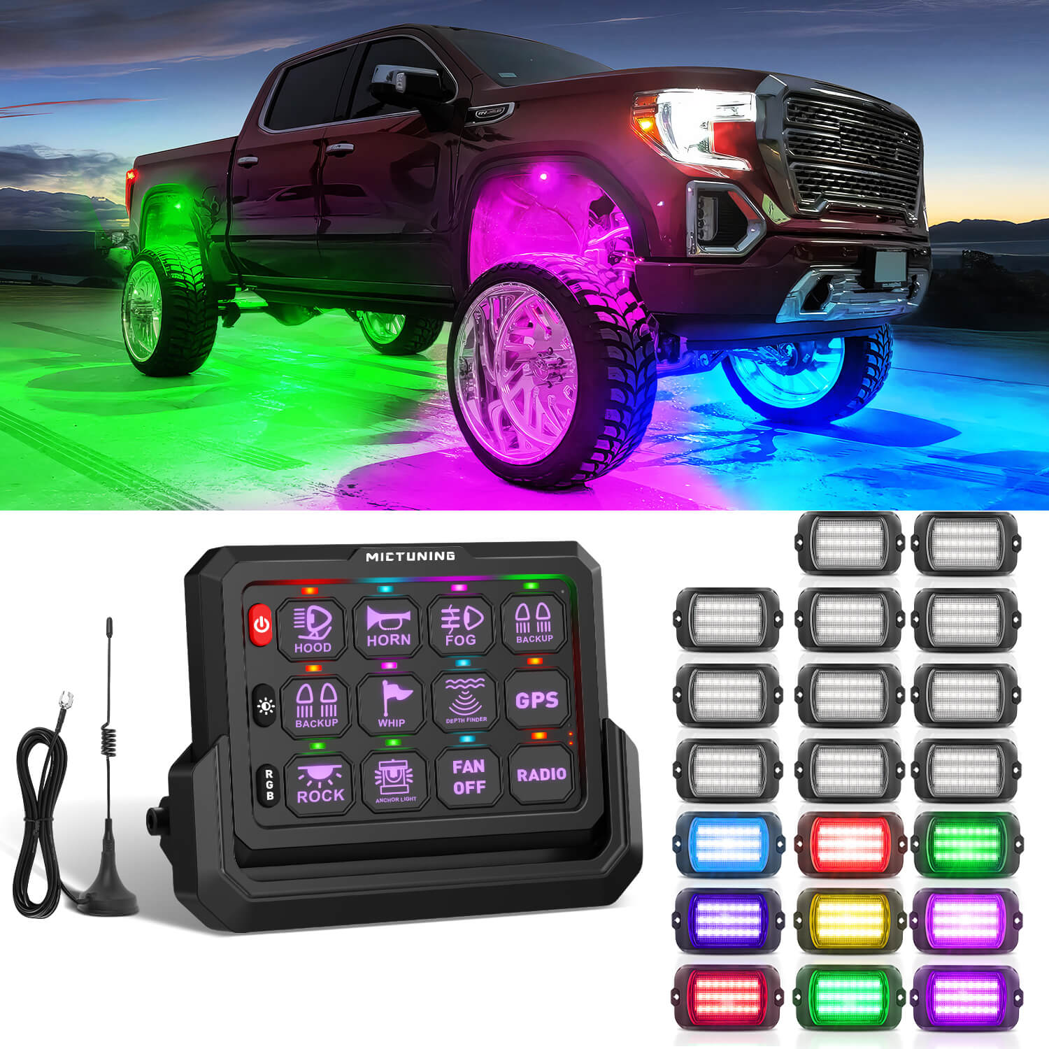 Q1 Max RGB+IC Rock Lights 8-24 Pods Bundle with P1s-W Wireless RGB Switch Panel 8/12 Gang, Up to 328FT Range