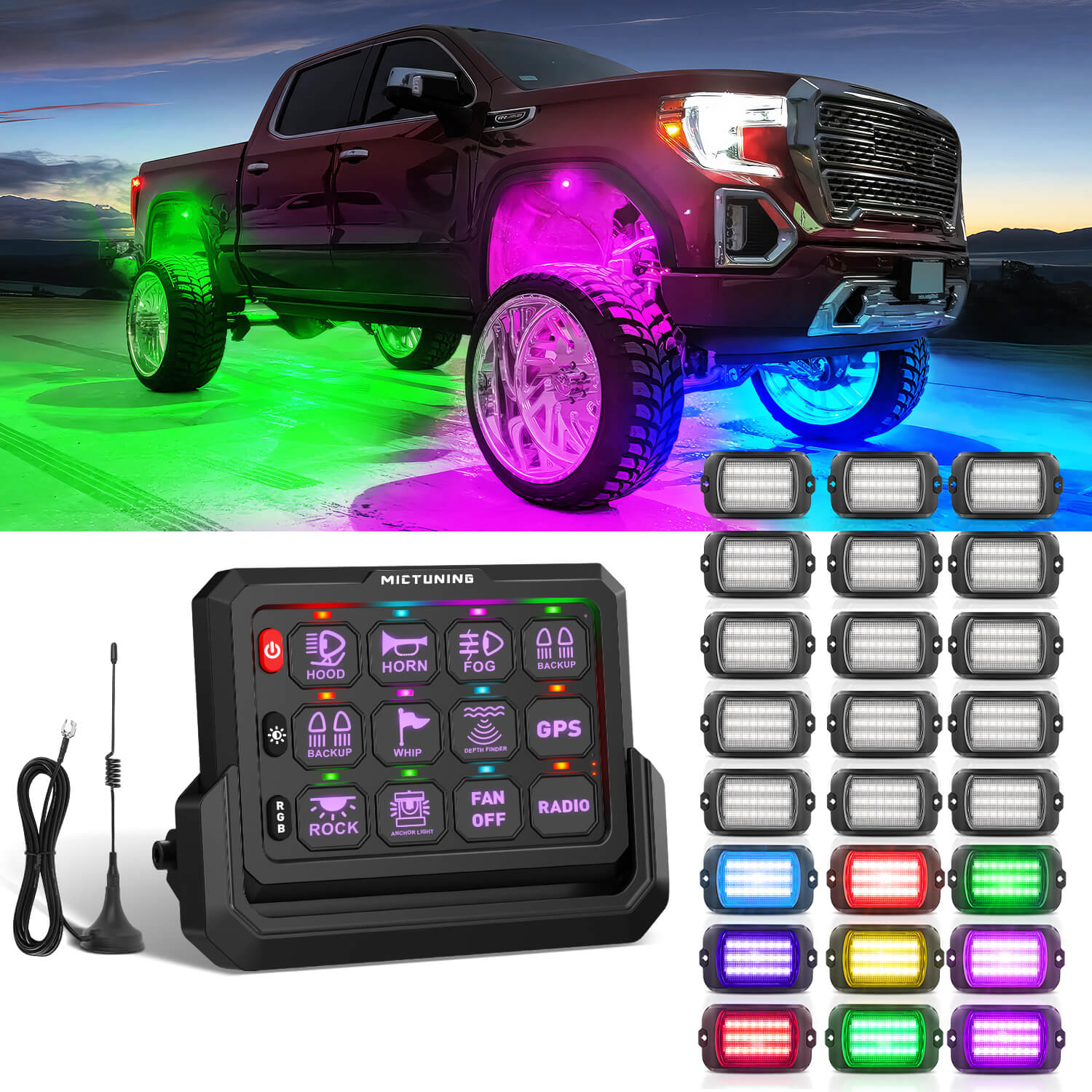 MICTUNING Q1 Max RGB+IC Rock Lights 8-24 Pods + P1s-W