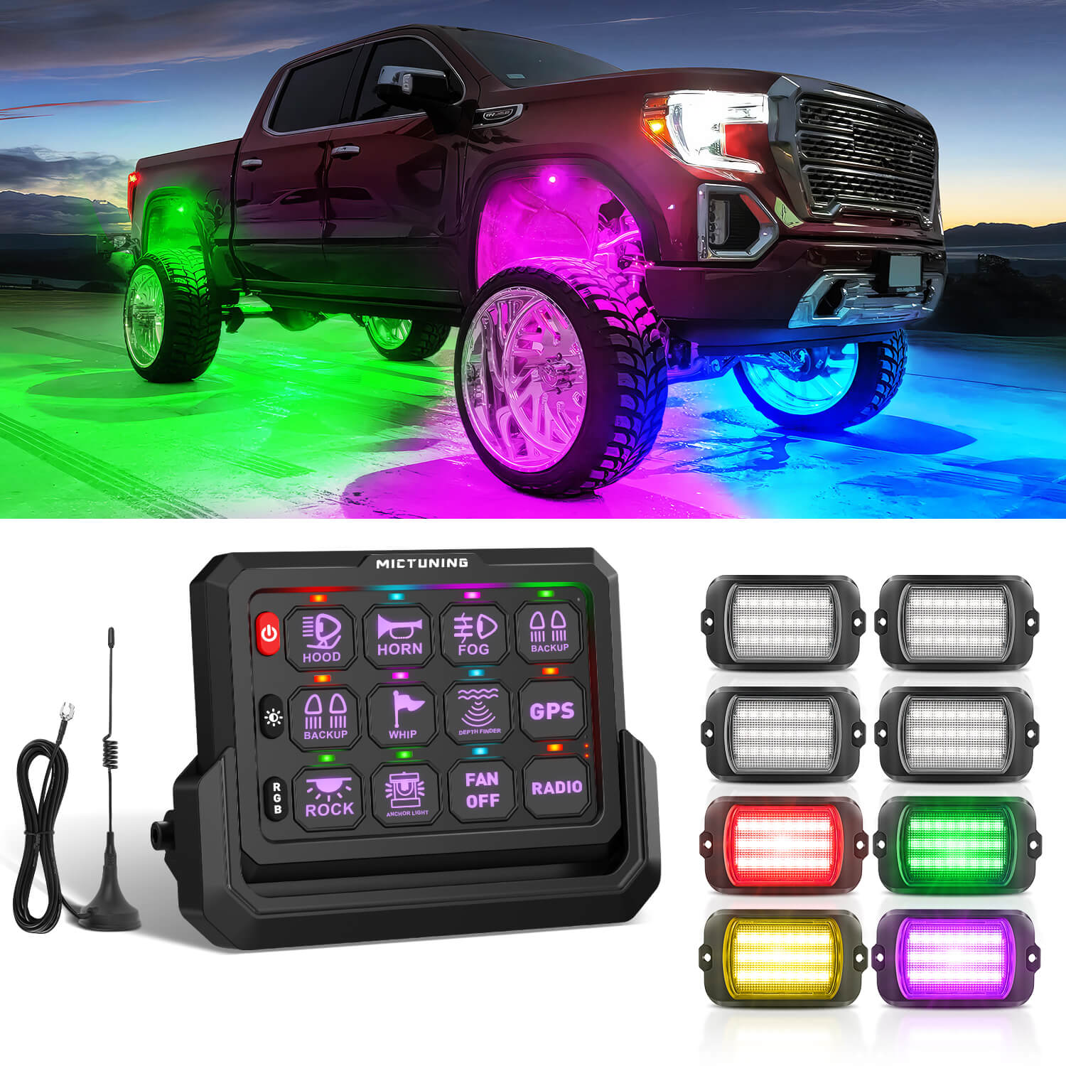 Q1 Max RGB+IC Rock Lights 8-24 Pods Bundle with P1s-W Wireless RGB Switch Panel 8/12 Gang, Up to 328FT Range